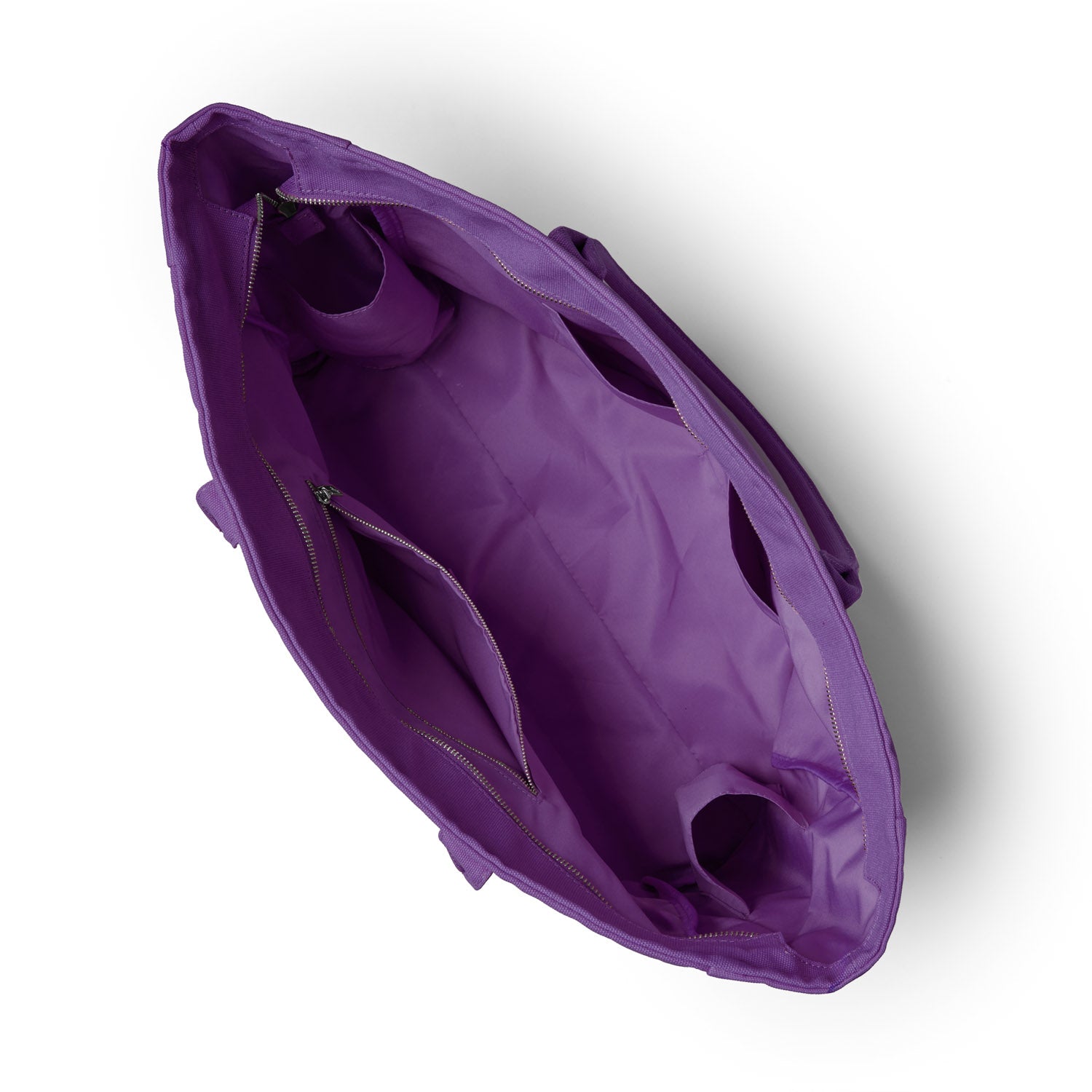 Purple athletic canvas tote bag with spacious interior and multiple pockets for organization. Ideal for active lifestyles.