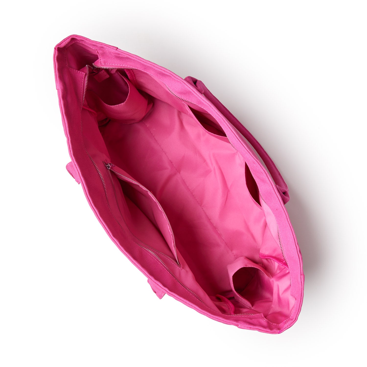 Hot pink athletic canvas tote bag with spacious interior and inner zip pocket for organization. Ideal for workouts or daily use.