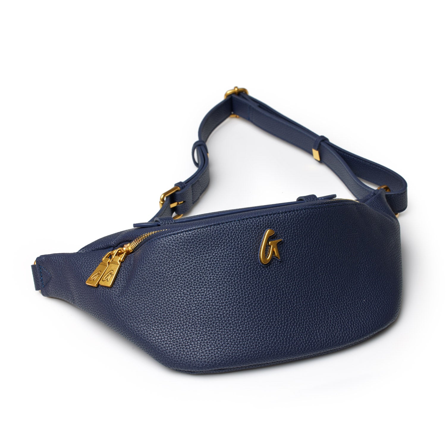 Navy Pebble Fanny Pack with gold zippers and logo, adjustable strap, and textured leather finish.