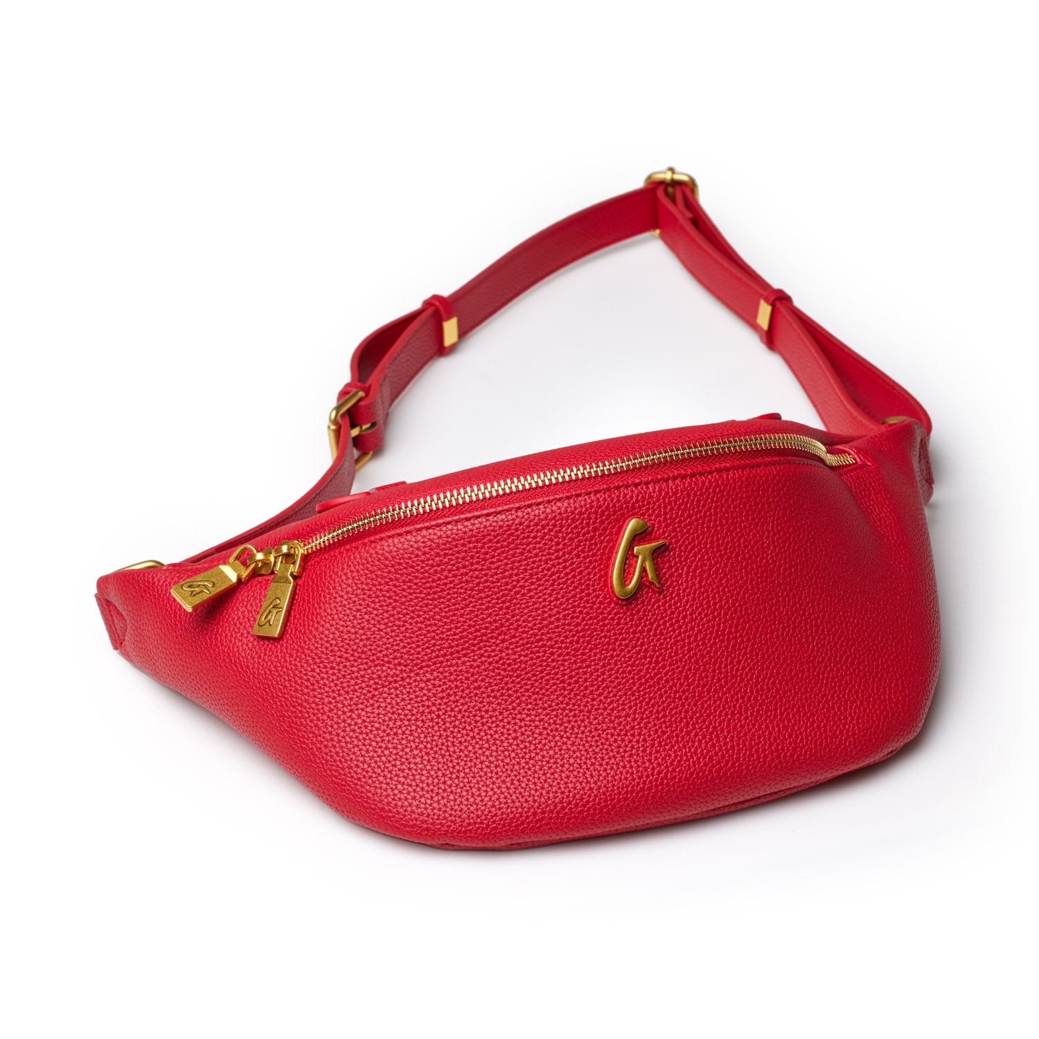 Red Pebble Fanny Pack with gold zipper and logo, adjustable strap, and textured leather finish.