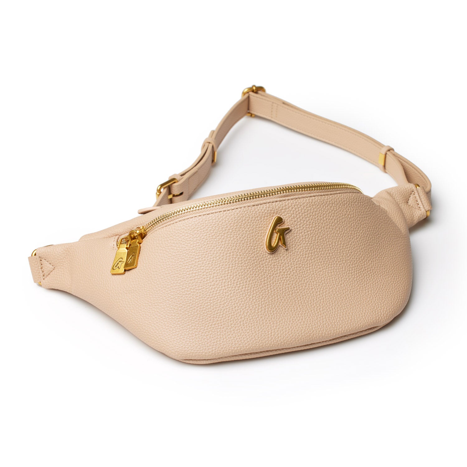 Beige Pebble Fanny Pack with gold zipper and logo, adjustable strap, designed for casual wear and convenience.