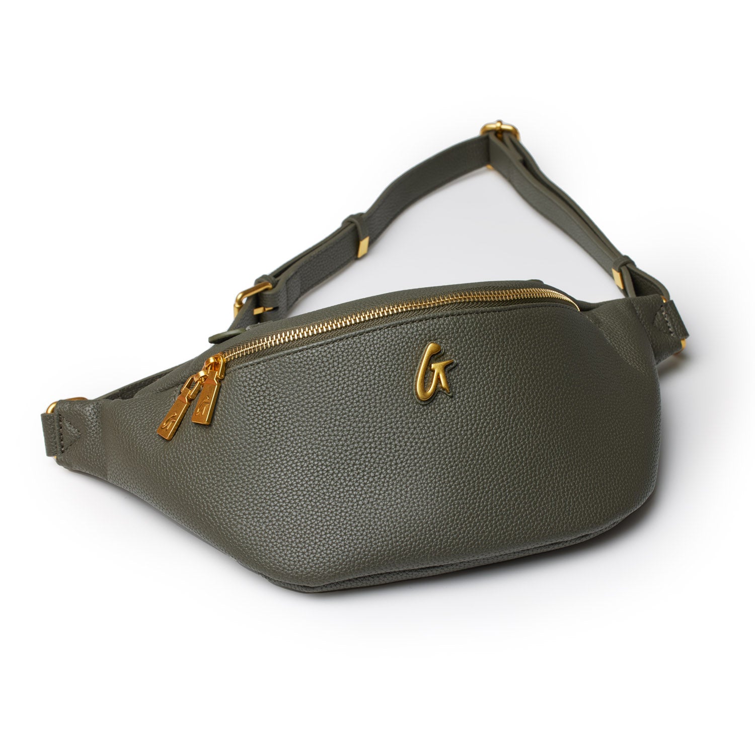 Olive green Pebble Fanny Pack with gold zipper and logo, adjustable strap, made of textured leather, compact and stylish.