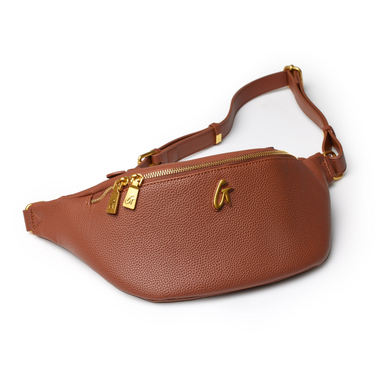 Brown Pebble Fanny Pack with gold zipper and logo accents, adjustable strap, and textured leather finish.