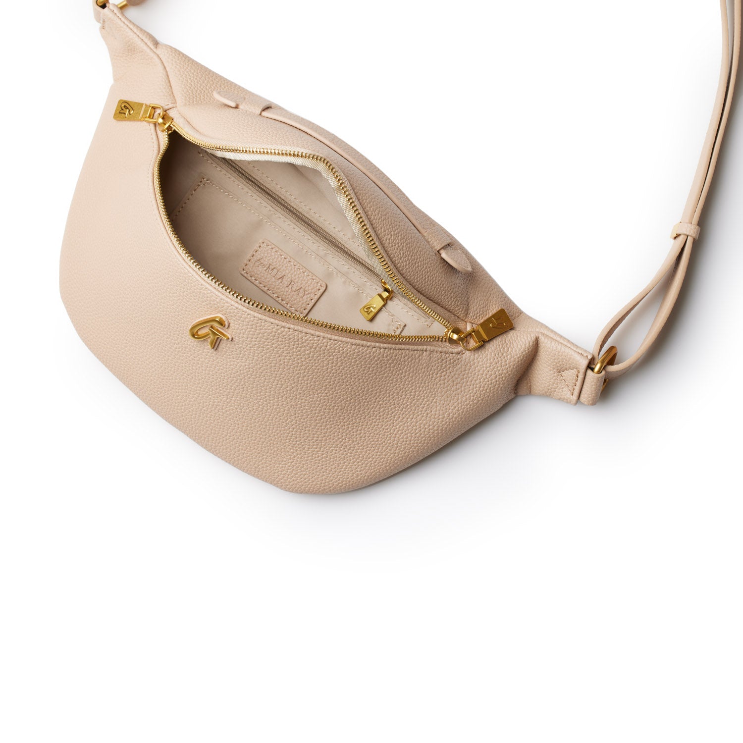 Beige Pebble Fanny Pack with gold zipper and logo, featuring a spacious interior and adjustable strap for a stylish look.
