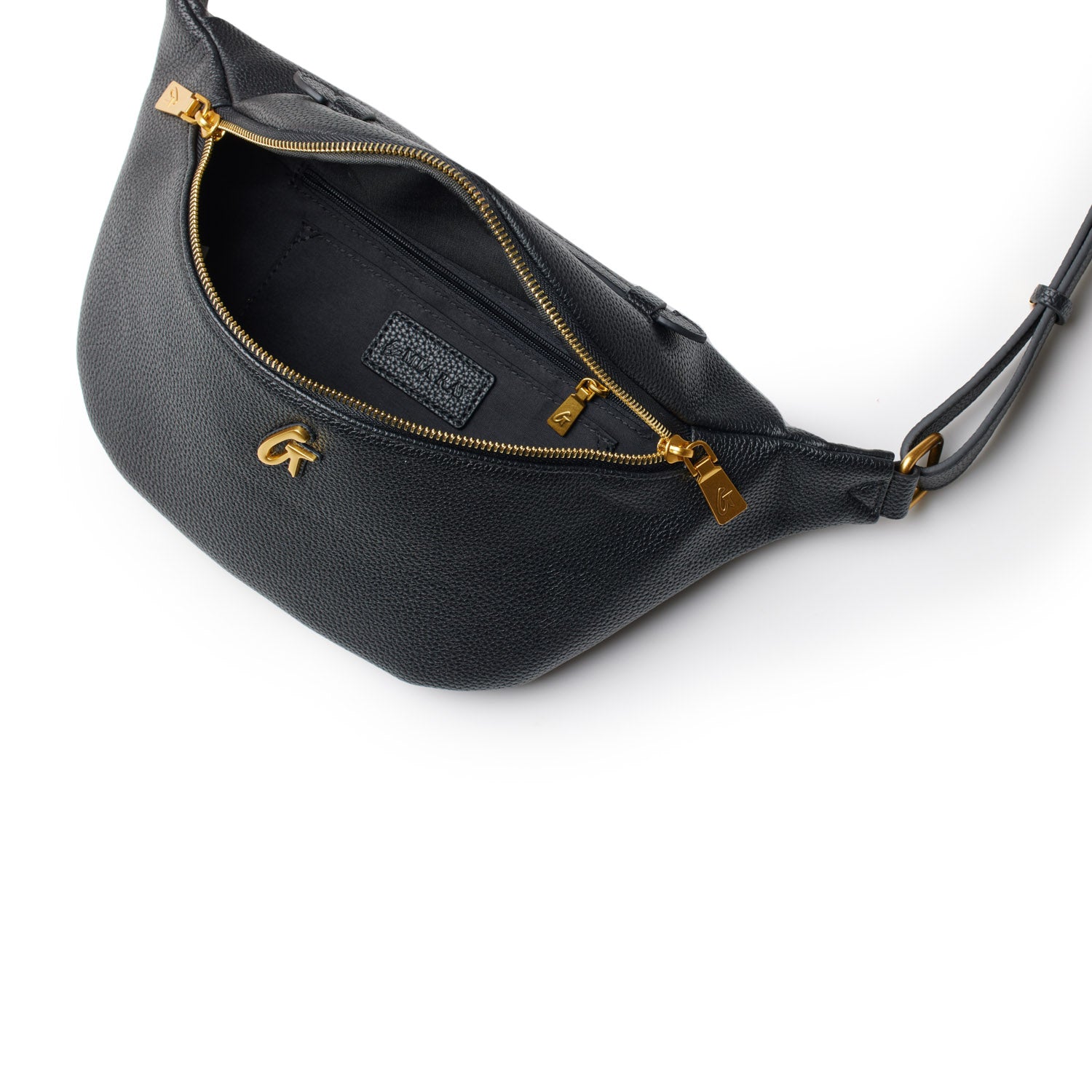 Black Pebble Fanny Pack bundle with gold zipper and logo accents, featuring a zippered main compartment and adjustable strap.