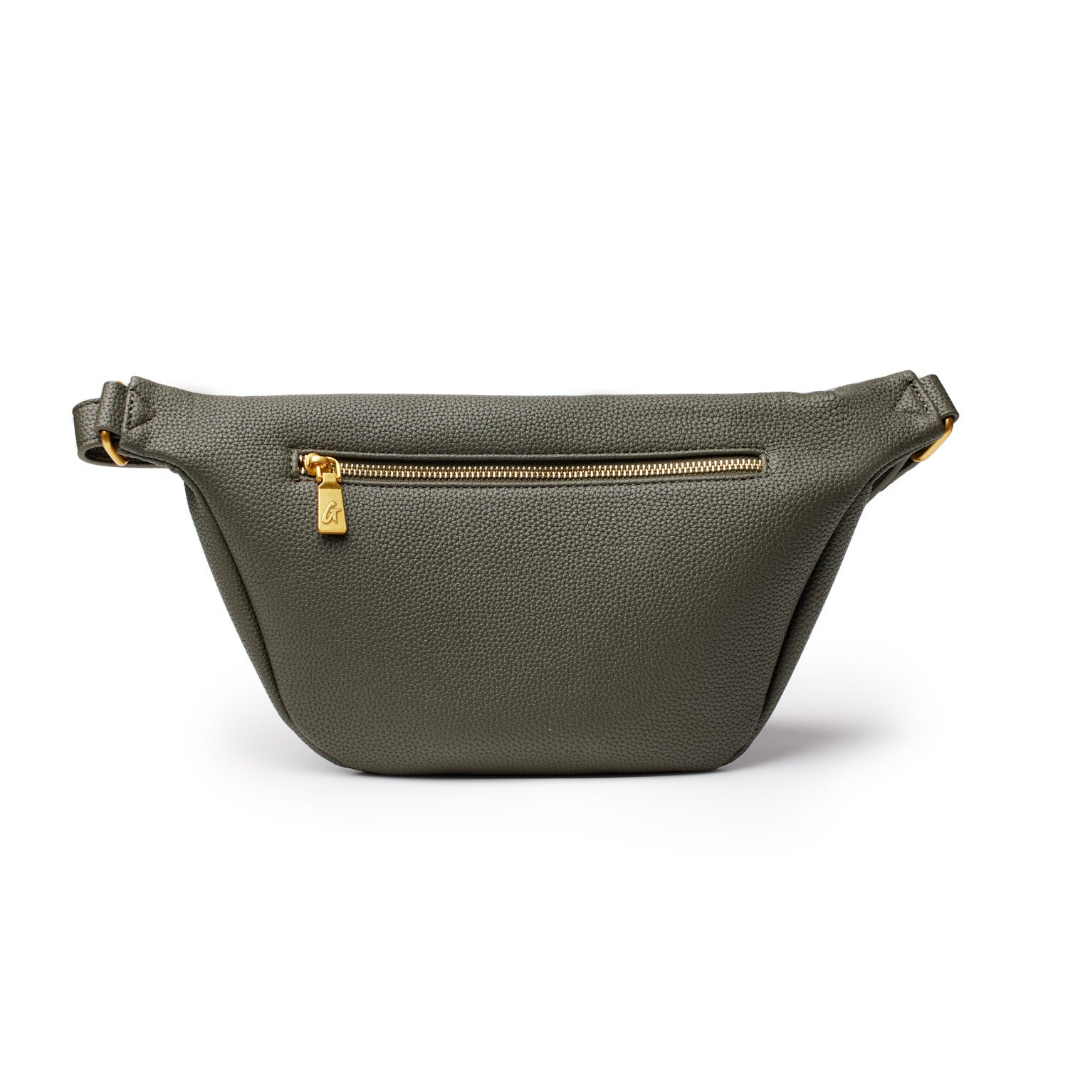 Olive green Pebble Fanny Pack with a front zip pocket, textured material, and gold-tone hardware on a white background.