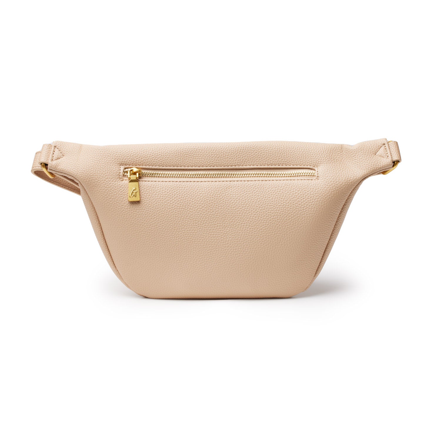 Beige Pebble Fanny Pack with a front zipper pocket and gold hardware, designed for stylish, hands-free convenience.