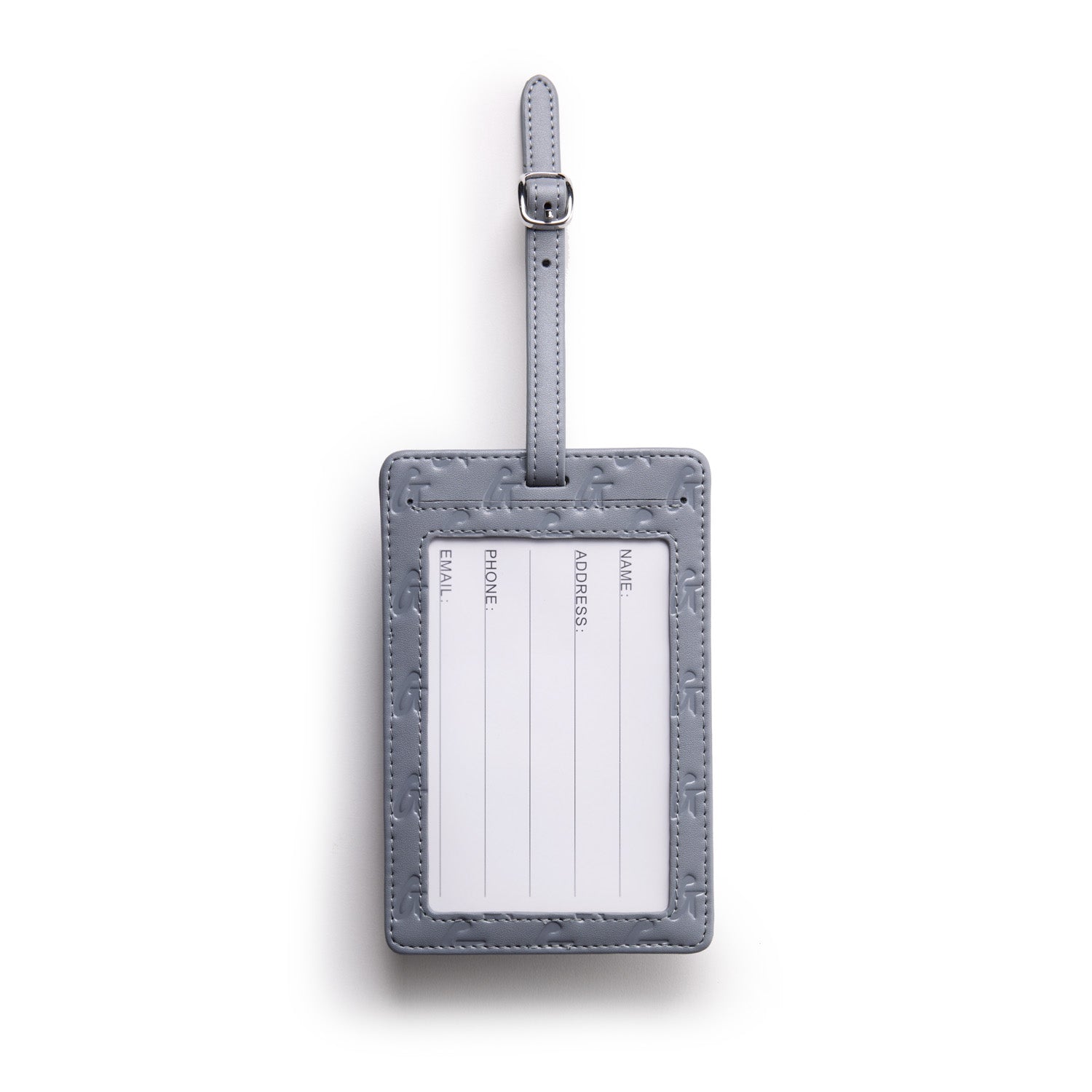 Gray monogram luggage tag with a clear ID window and adjustable strap for travel accessories.