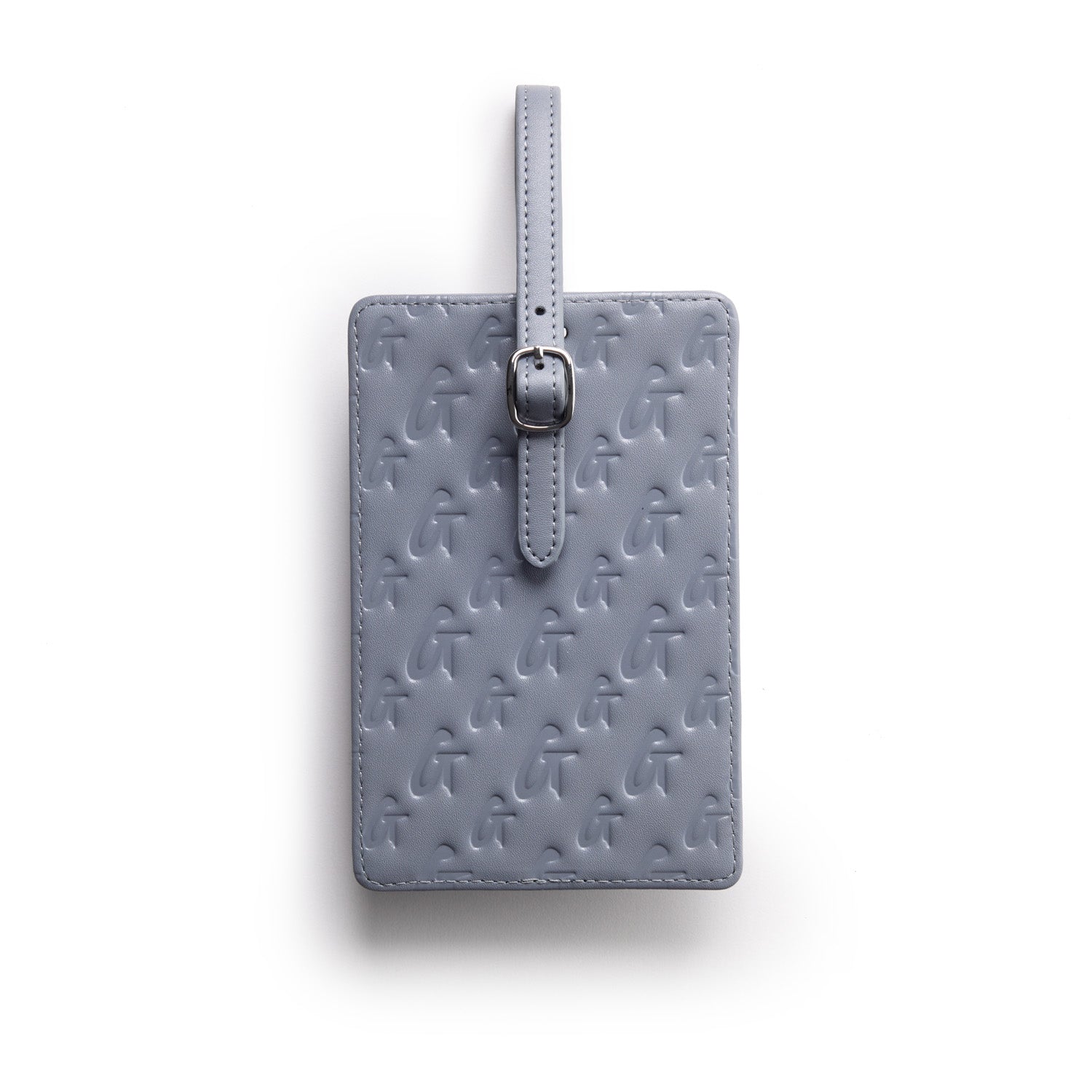 Gray monogram luggage tag with embossed logo pattern and adjustable strap for travel accessories.