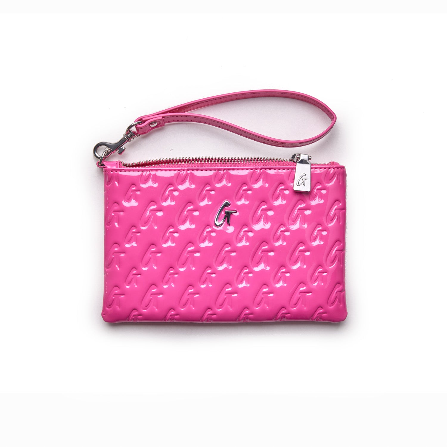 Pink mirror finish mini monogram silver wristlet with embossed "G" pattern and detachable strap.