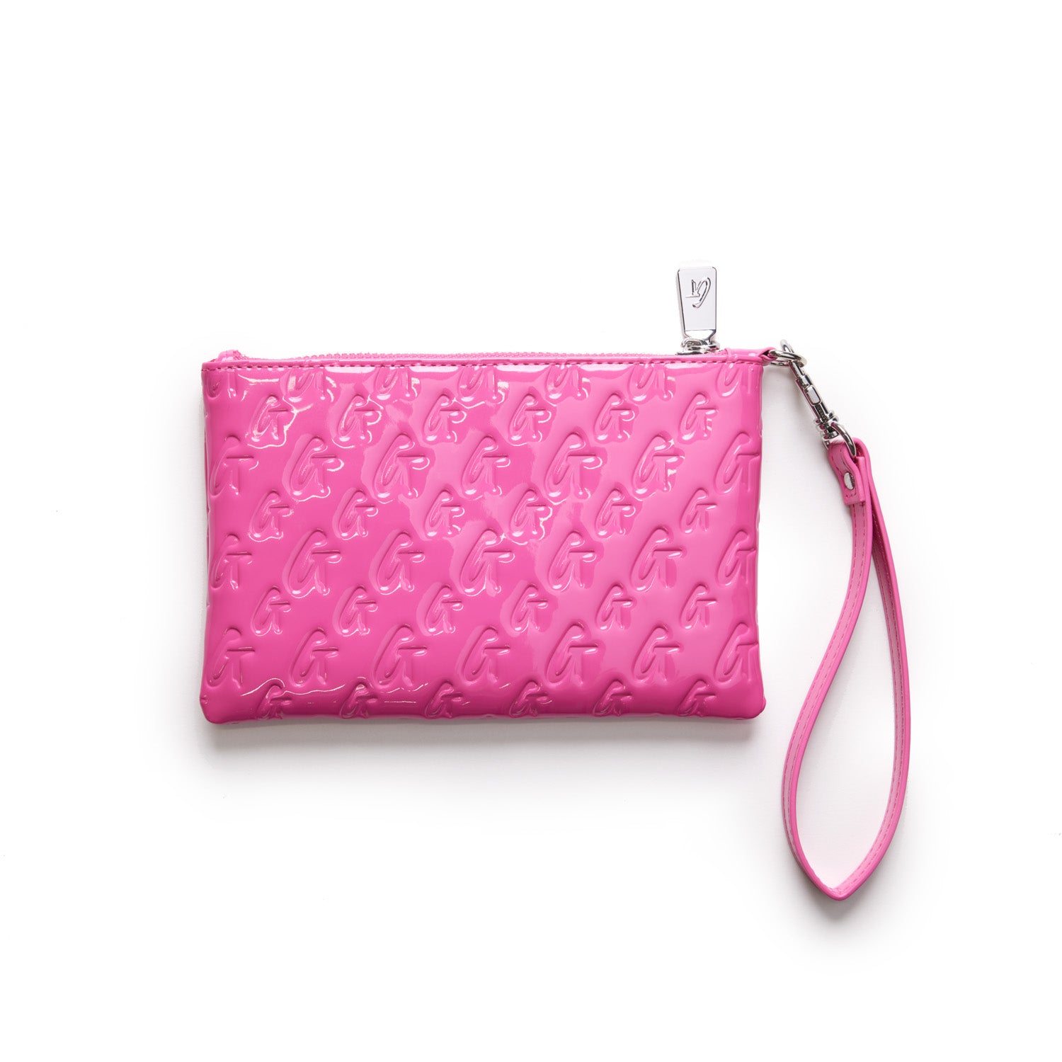 Mini silver wristlet in mirror hot pink with embossed G pattern and attached pink strap.