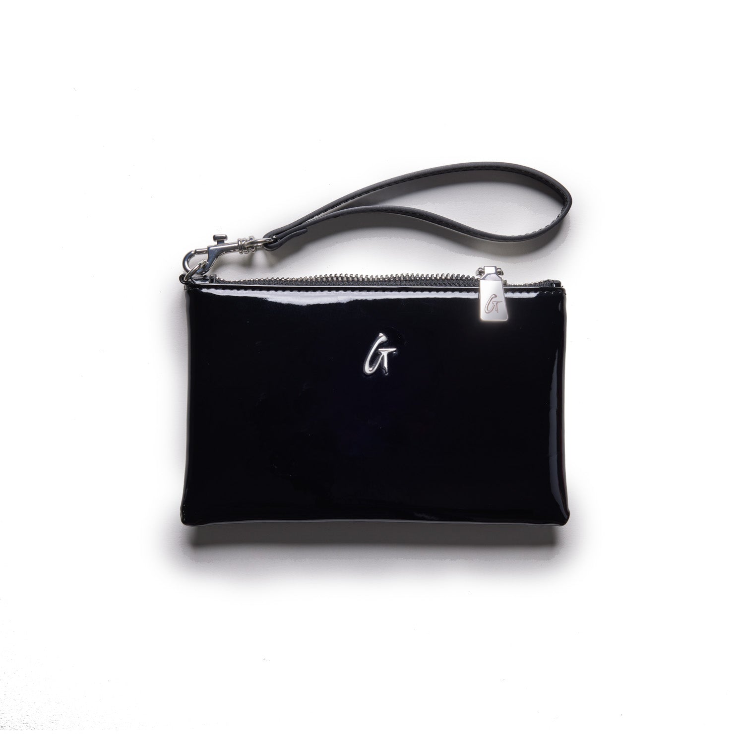 Mini silver wristlet with a mirror black finish, featuring a silver zipper and logo charm, and a black wrist strap.