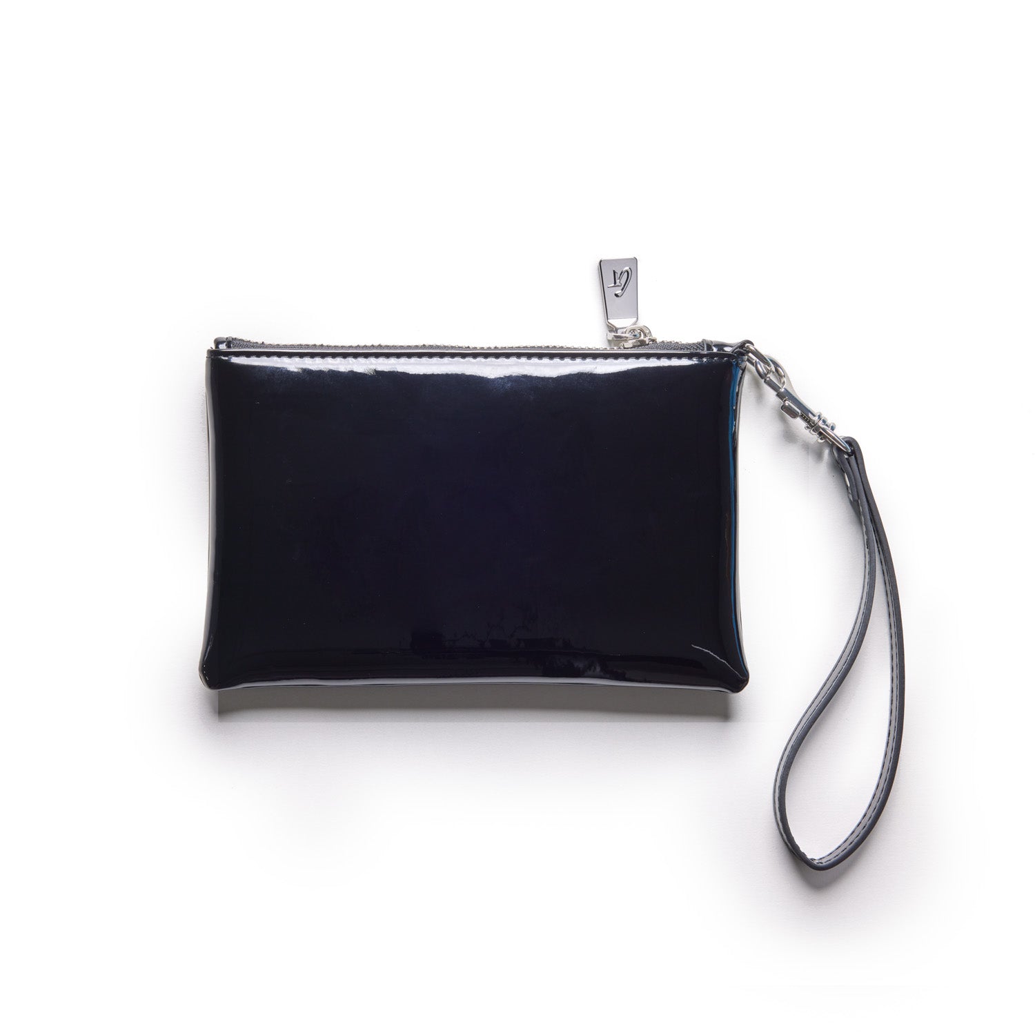 Mini silver wristlet with a mirror black finish, featuring a wrist strap and a zipper closure.