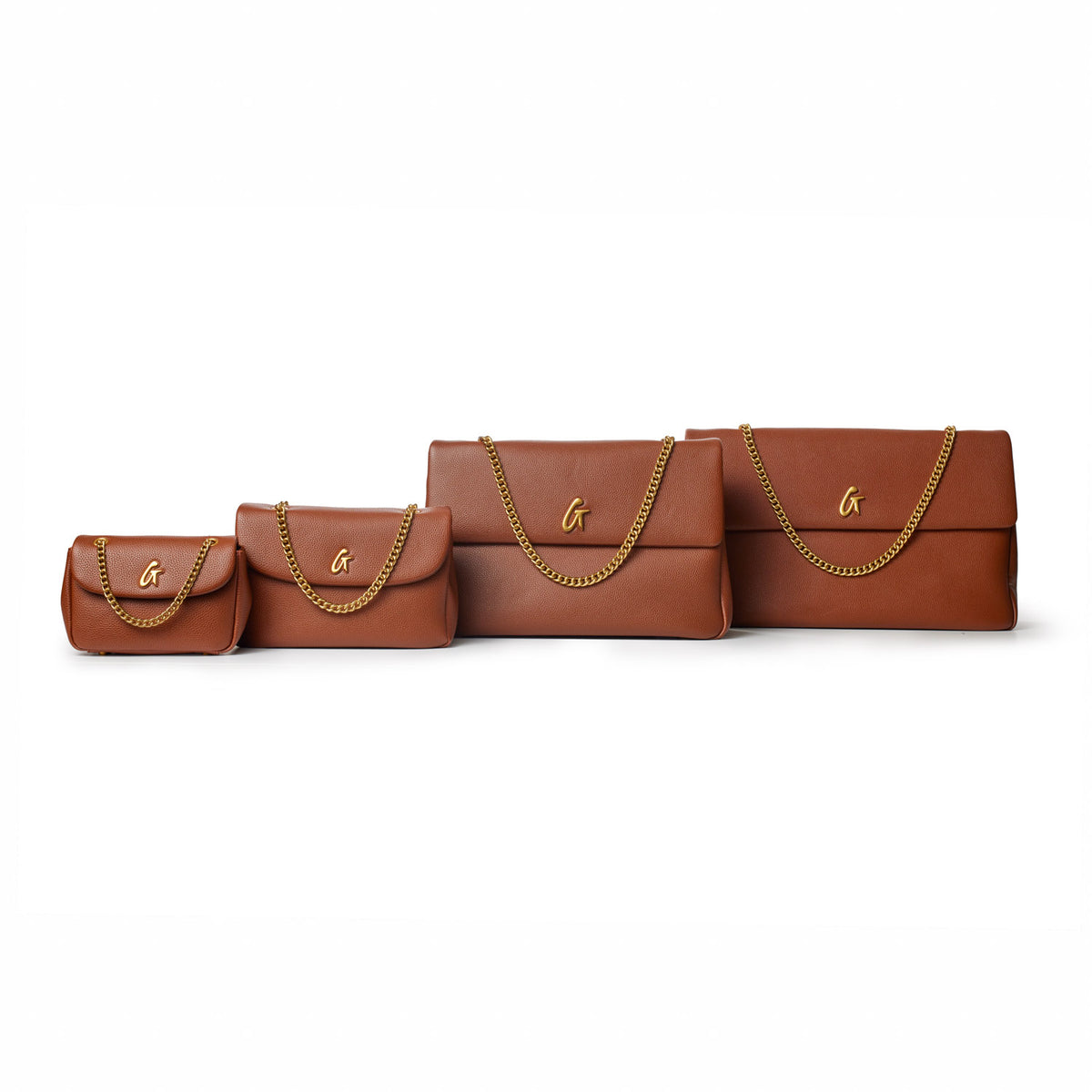 Four brown leather flap bags in different sizes with gold chain straps and a gold "G" logo, arranged from smallest to largest.