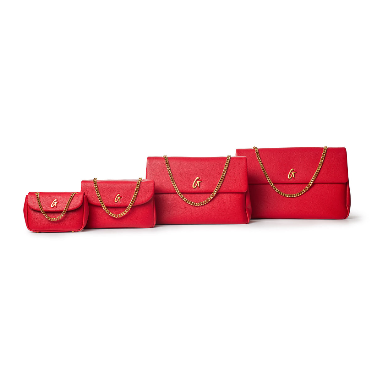 Set of four red large pebble flap bags with gold chain straps and a gold "G" logo, arranged from smallest to largest.
