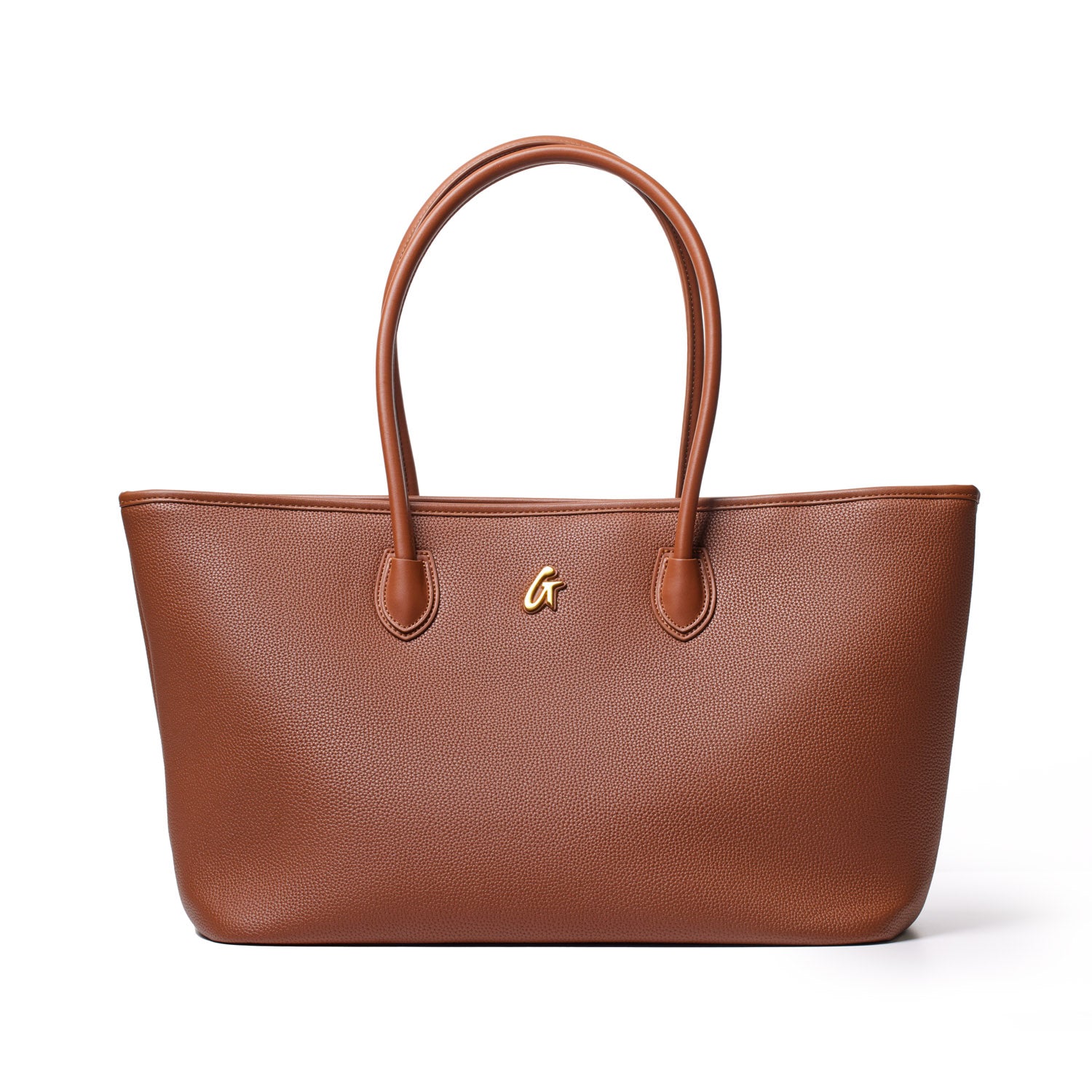 Brown pebble-textured tote bag with dual handles and a gold logo, perfect for stylish everyday use.