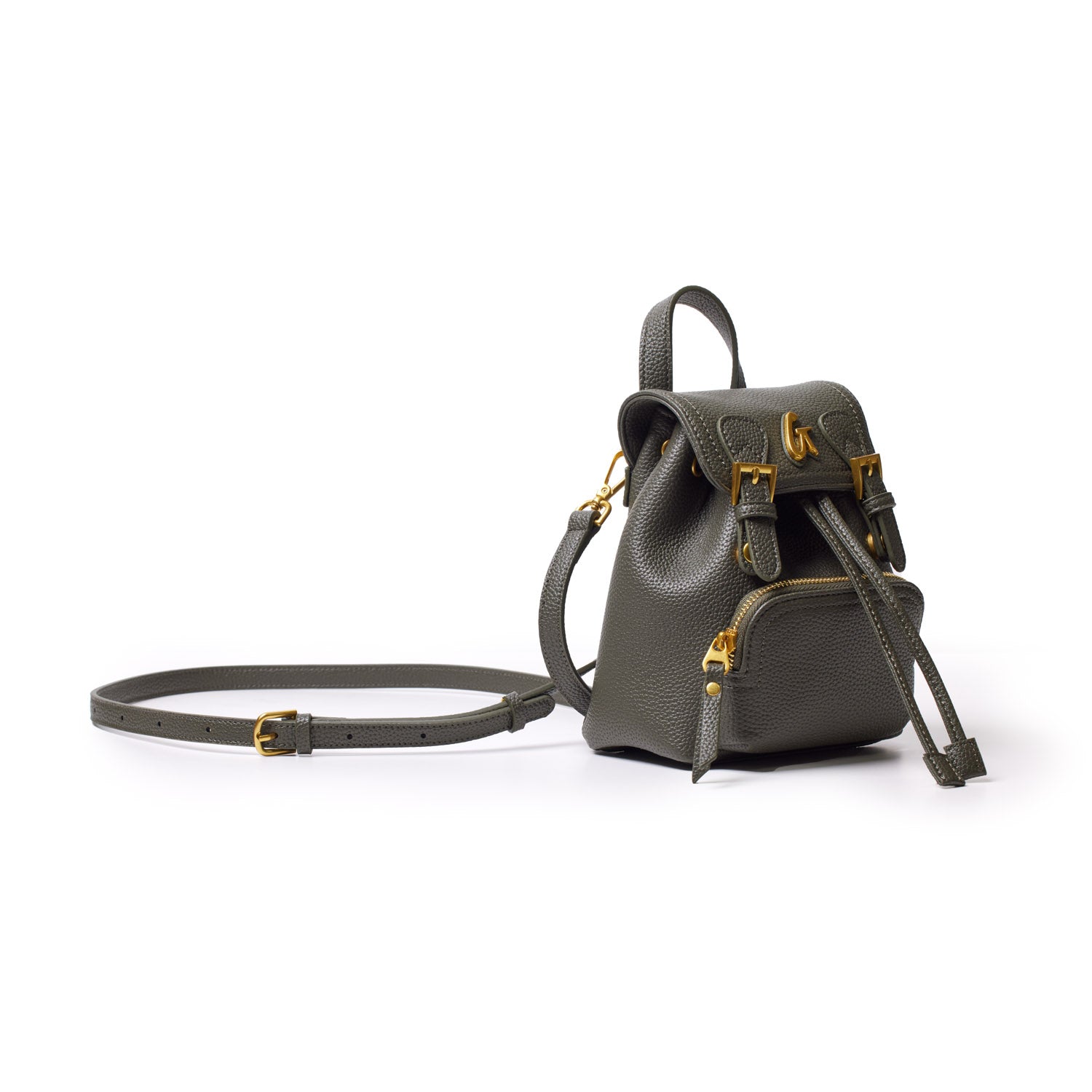 Olive green mini pebble crossbody backpack with gold hardware, adjustable strap, and front zip pocket on a white background.
