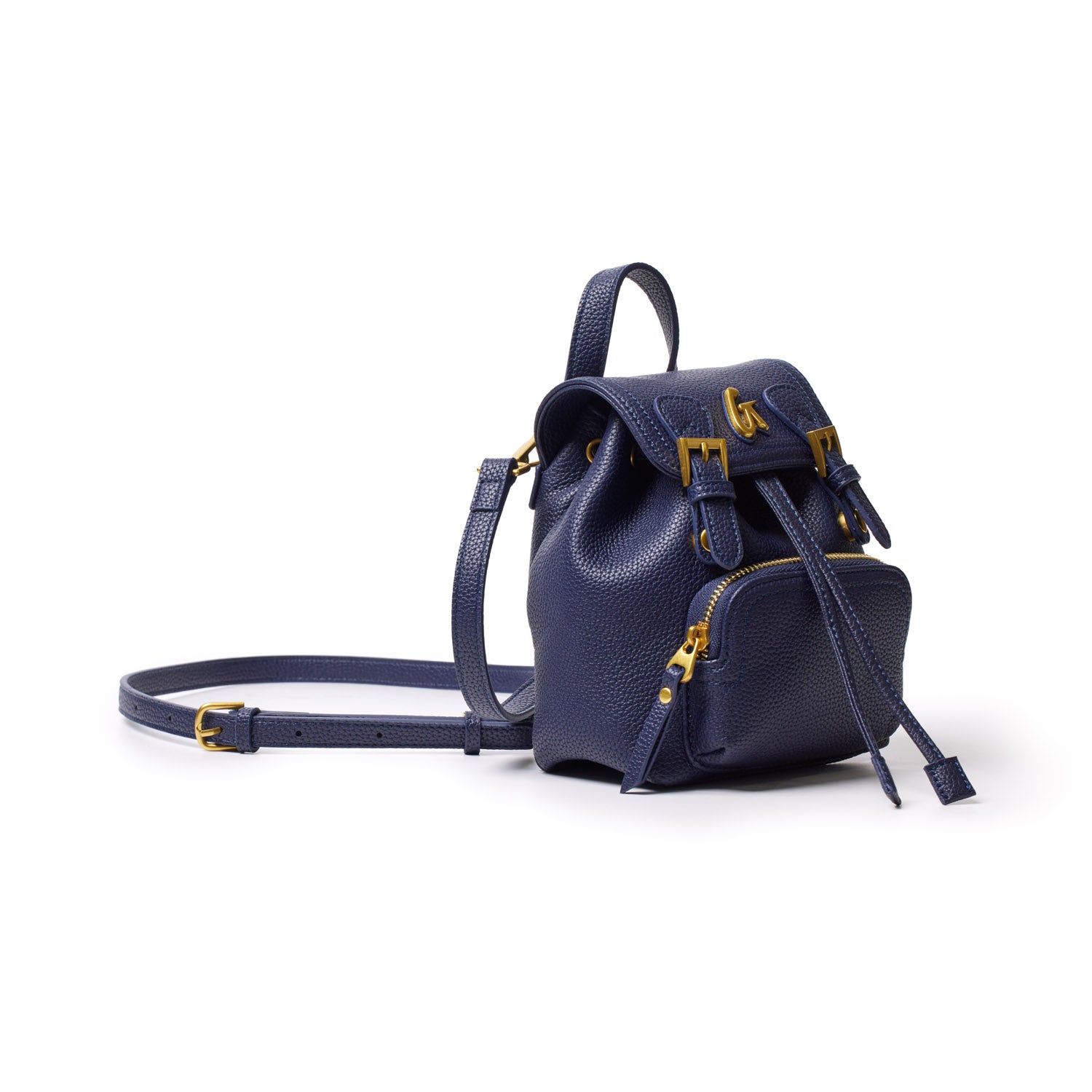Mini navy pebble leather crossbody backpack with gold-tone hardware, adjustable strap, and front zip pocket.