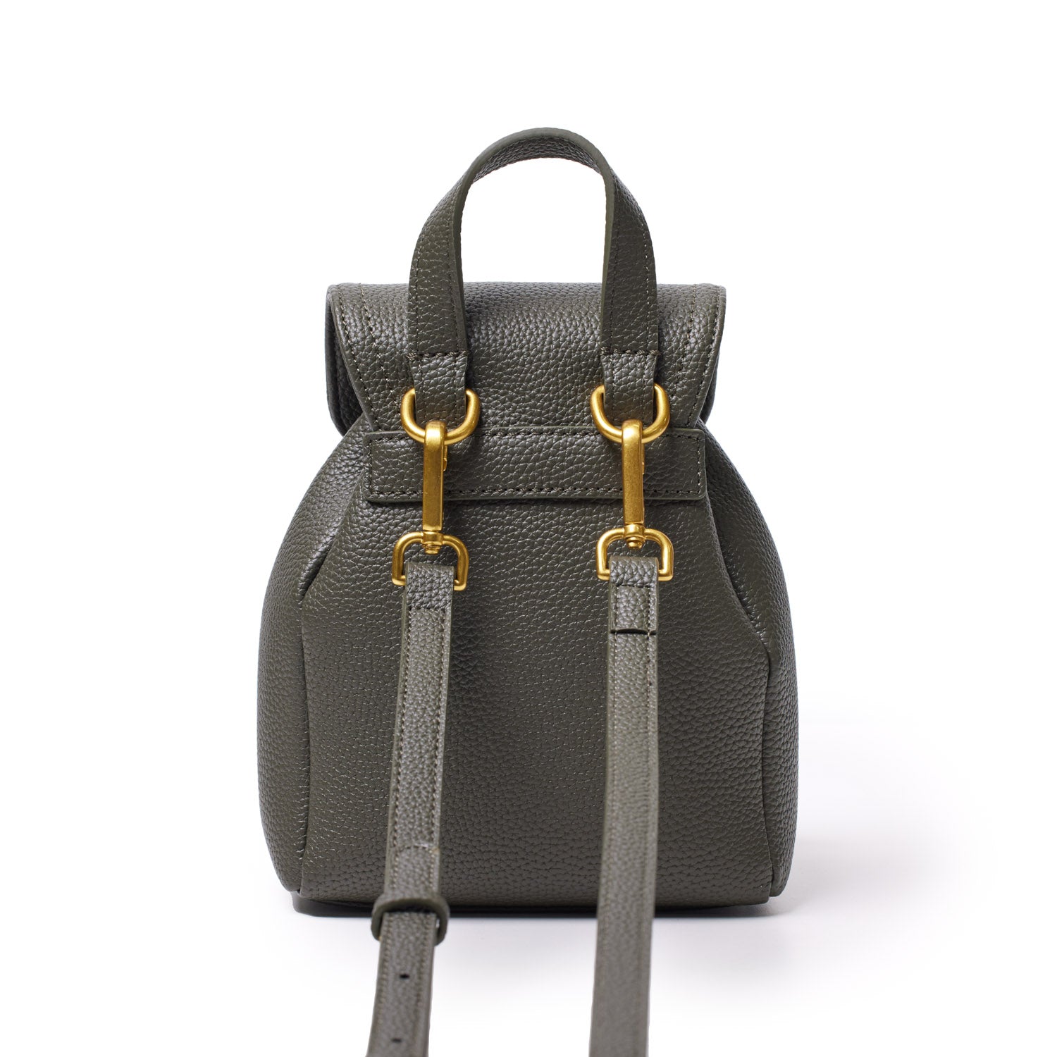 Olive green mini pebble crossbody backpack with gold hardware, adjustable straps, and a top handle on a white background.