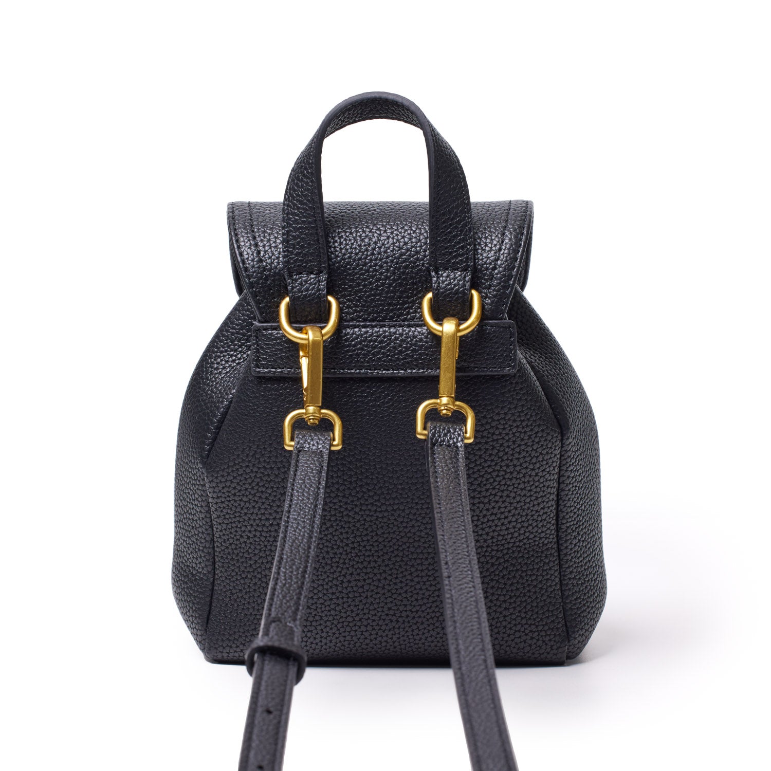 Black mini pebble crossbody backpack with gold hardware, textured leather, top handle, and adjustable straps.