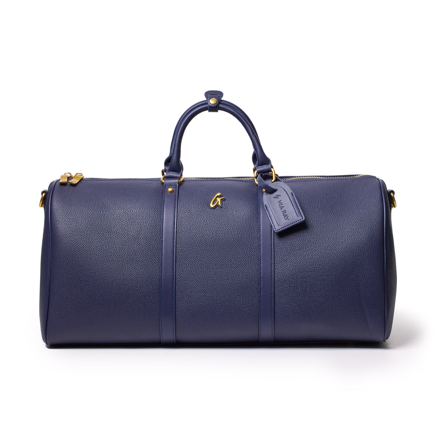 Navy Pebble Duffle Bag with gold accents, handles, zipper closure, and a hanging tag, designed for travel and weekend trips.