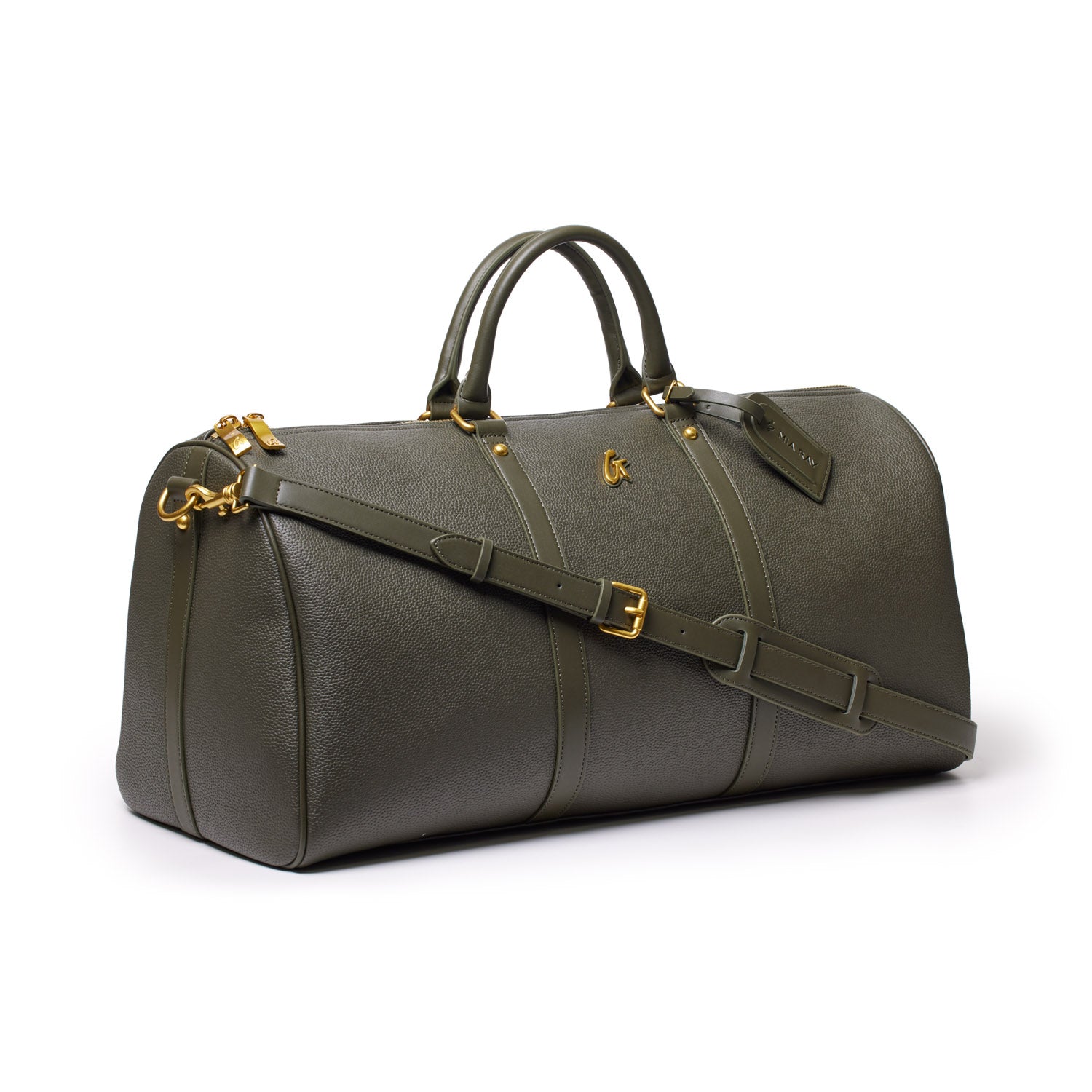 Olive green Pebble Duffle Bag with gold accents, dual handles, adjustable shoulder strap, and textured leather finish.