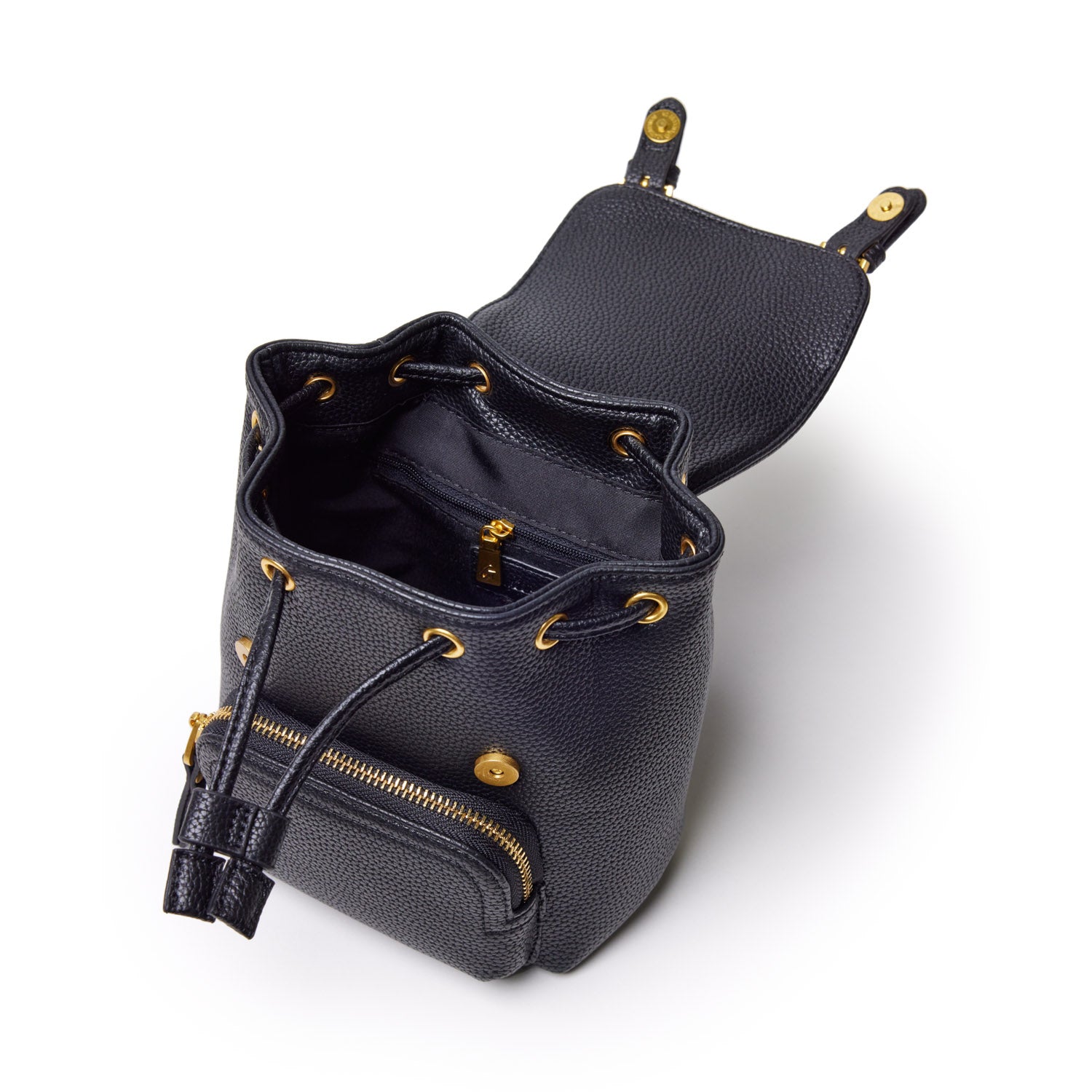 Black mini pebble crossbody backpack with gold-tone hardware, interior zip pocket, and adjustable strap.