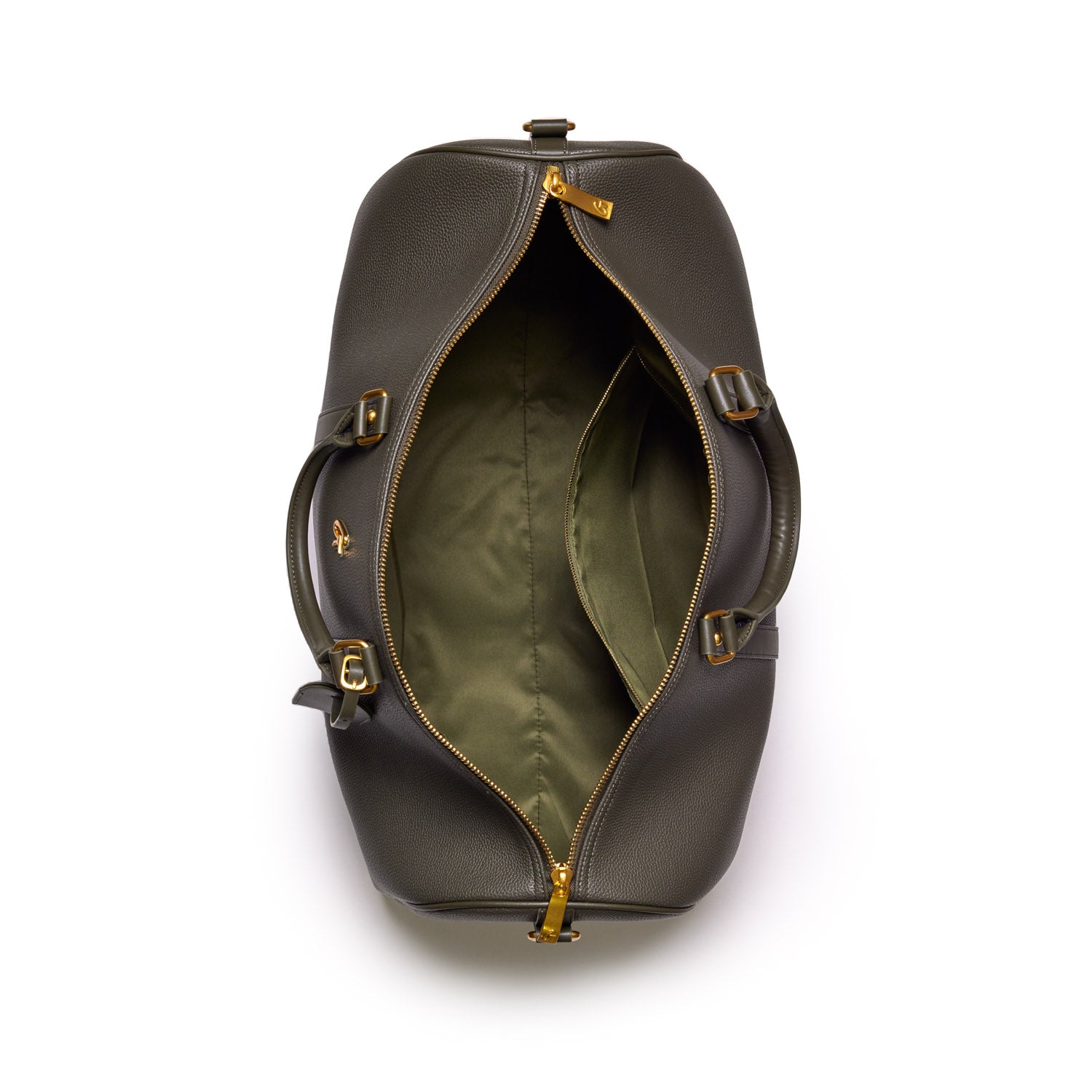 Open olive green Pebble Duffle Bag with gold zipper, showing spacious interior and side pocket, on a white background.