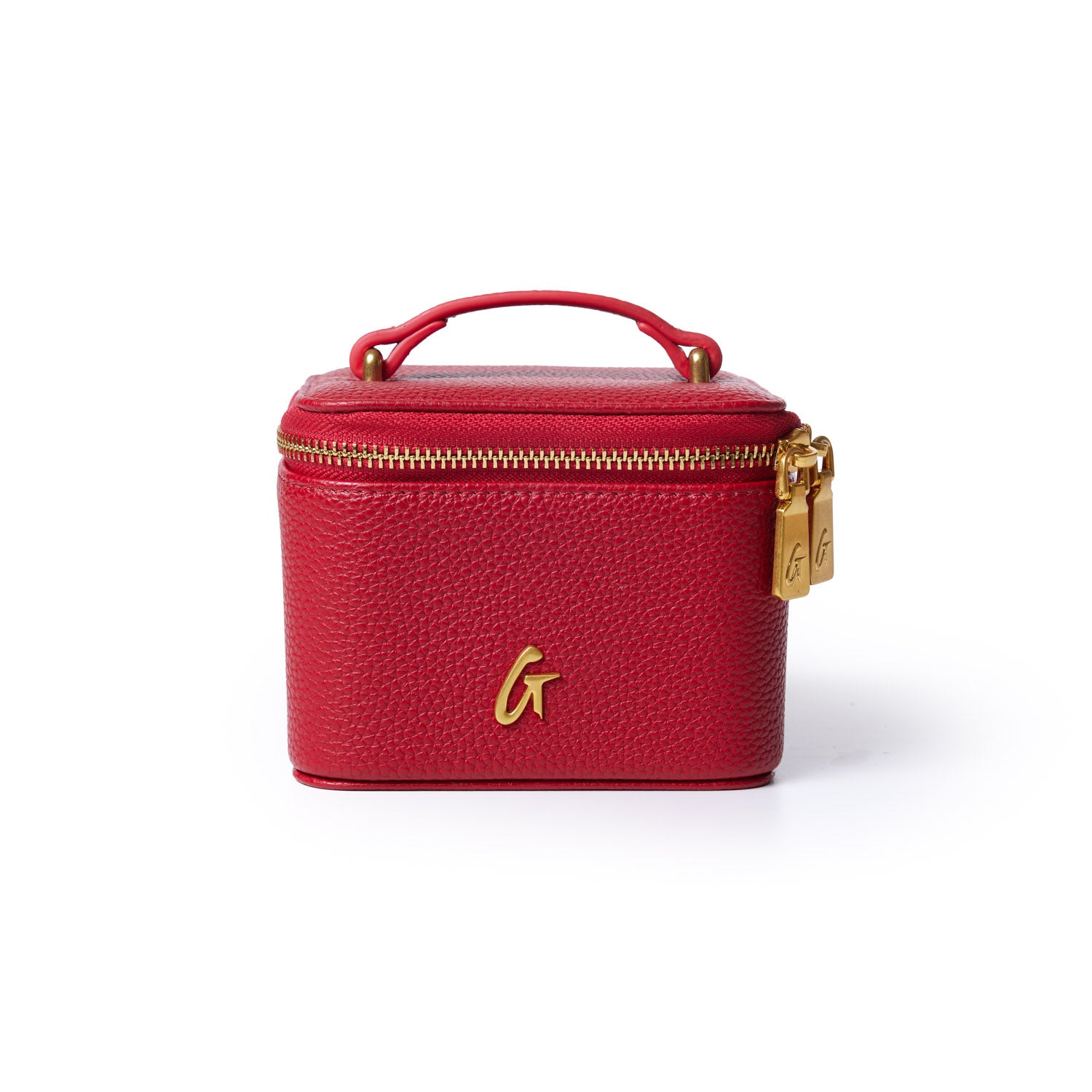 Red pebble leather jewelry case with gold zipper and handle, featuring a gold "G" logo on the front.