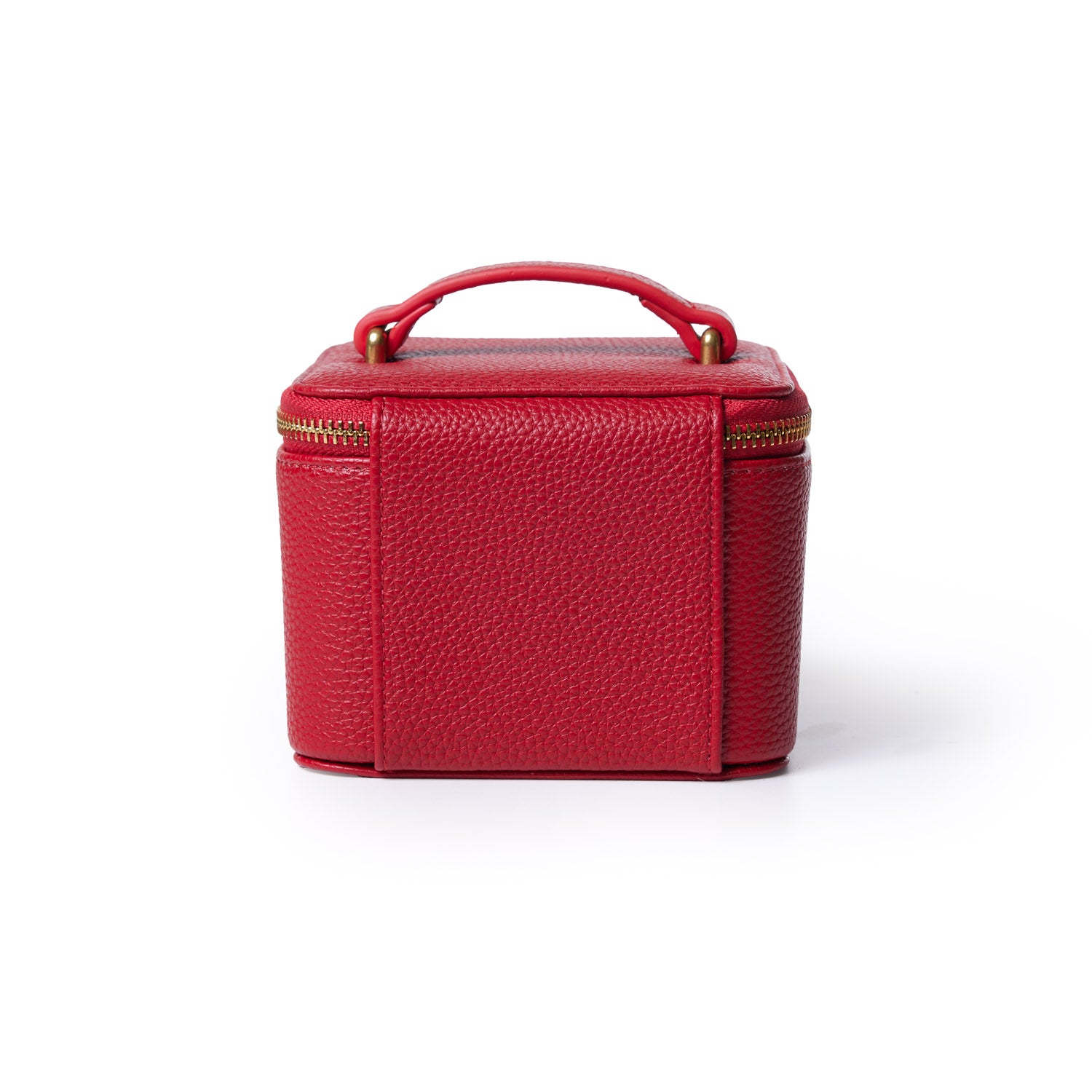 Red pebble leather jewelry case with a handle and gold zipper, designed for storing and organizing jewelry accessories.
