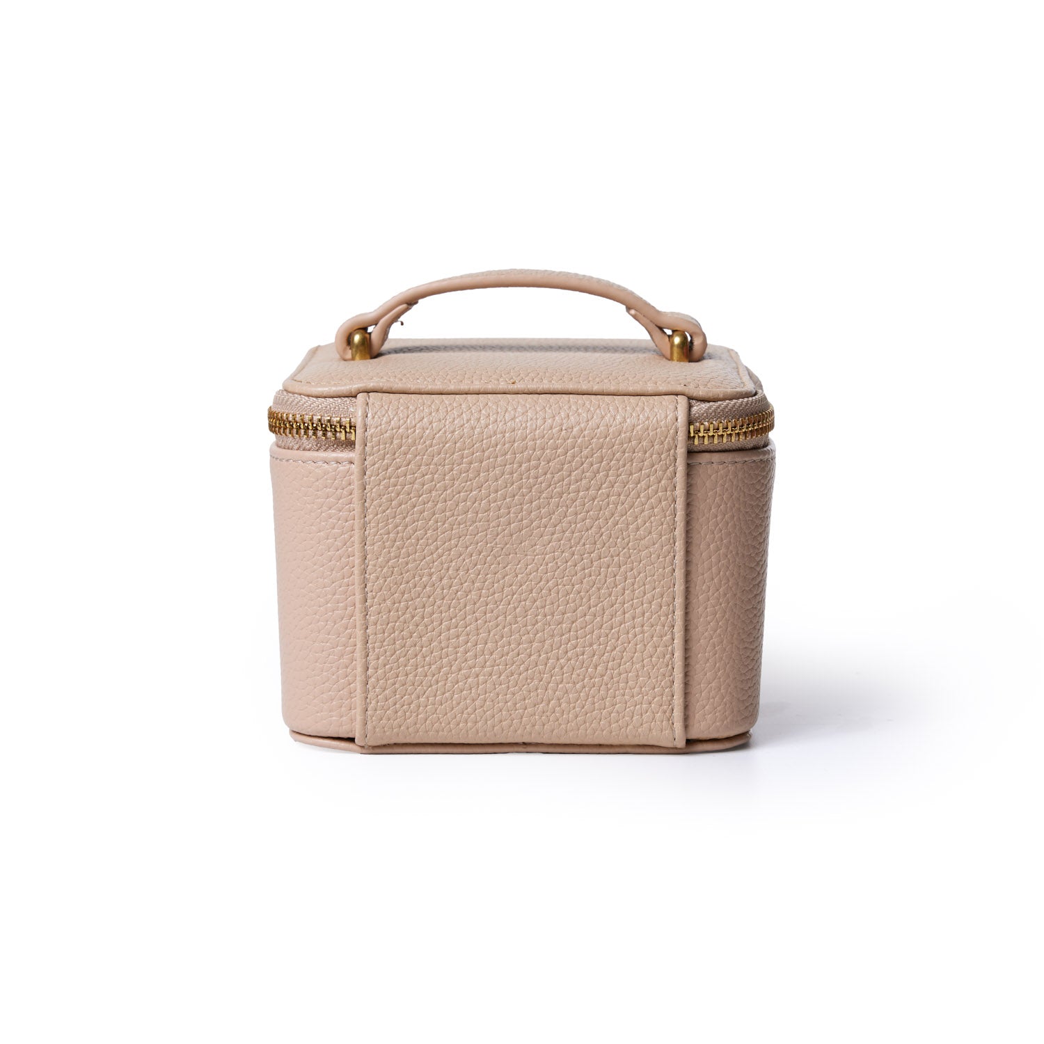 Peach-colored pebble leather jewelry case with a handle, gold zipper, and compact square design.