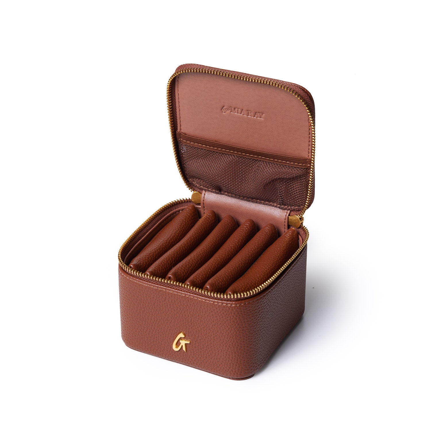 Brown pebble-textured jewelry case with a gold zipper, interior compartments, and a pink fabric lining.