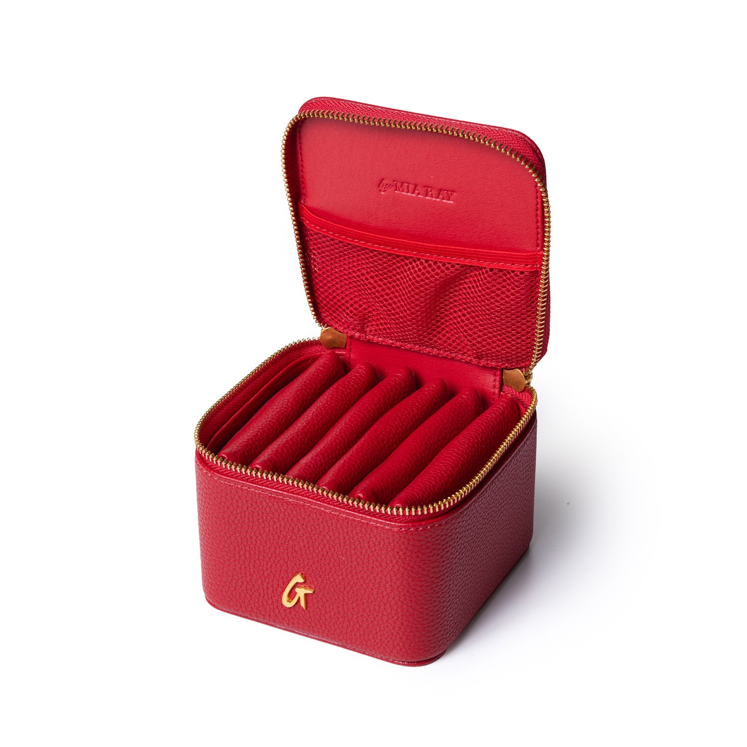 Red pebble-textured jewelry case with gold zipper and interior compartments for organizing jewelry pieces.