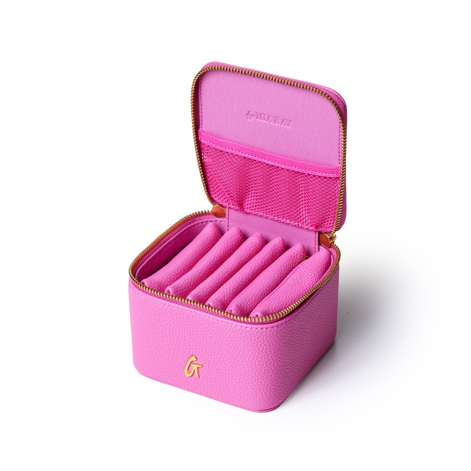 Open hot pink jewelry case with five padded compartments, gold zipper, and interior mesh pocket for organizing jewelry.