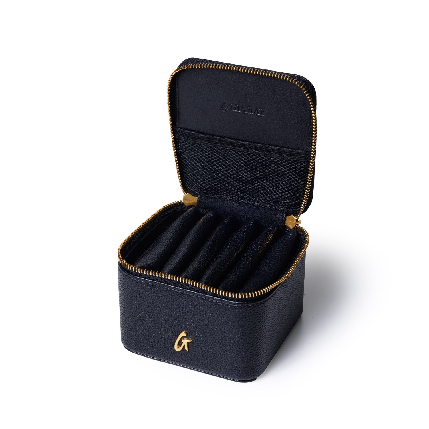 Black Pebble Jewelry Case with gold zipper and interior compartments for organizing jewelry, open to reveal storage space.