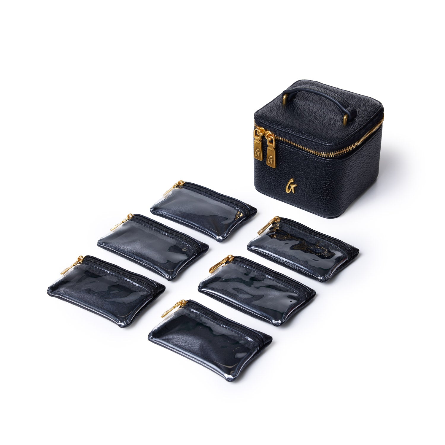 Black Pebble Jewelry Case with gold zipper and handle, plus six matching small clear zippered pouches.