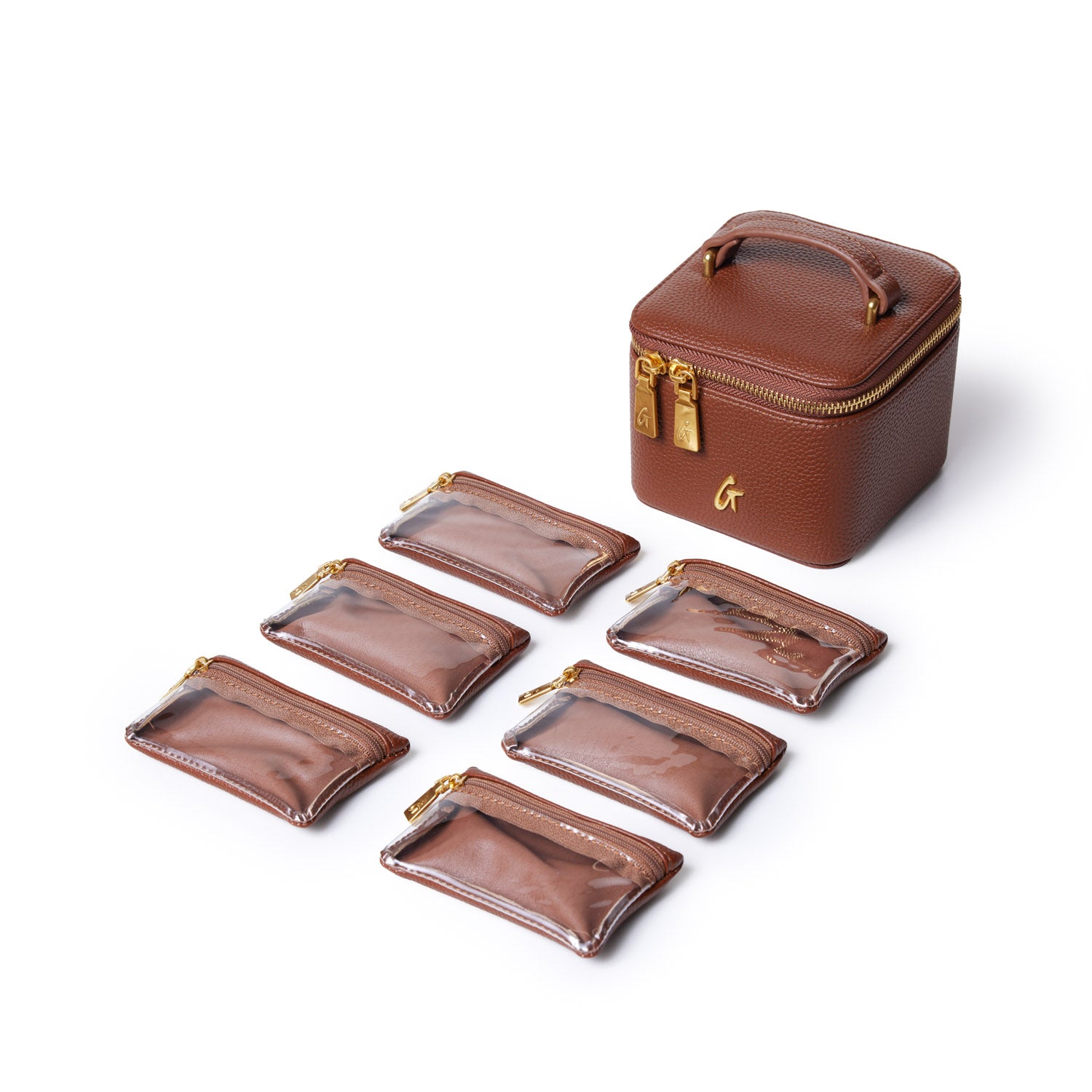 Brown pebble jewelry case with a handle, featuring a gold zipper and multiple small transparent zippered pouches for organizing jewelry.