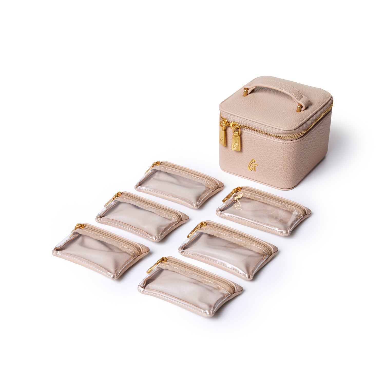 Peach-colored jewelry case with gold zippers and handle, accompanied by six small clear zippered pouches for organizing jewelry.
