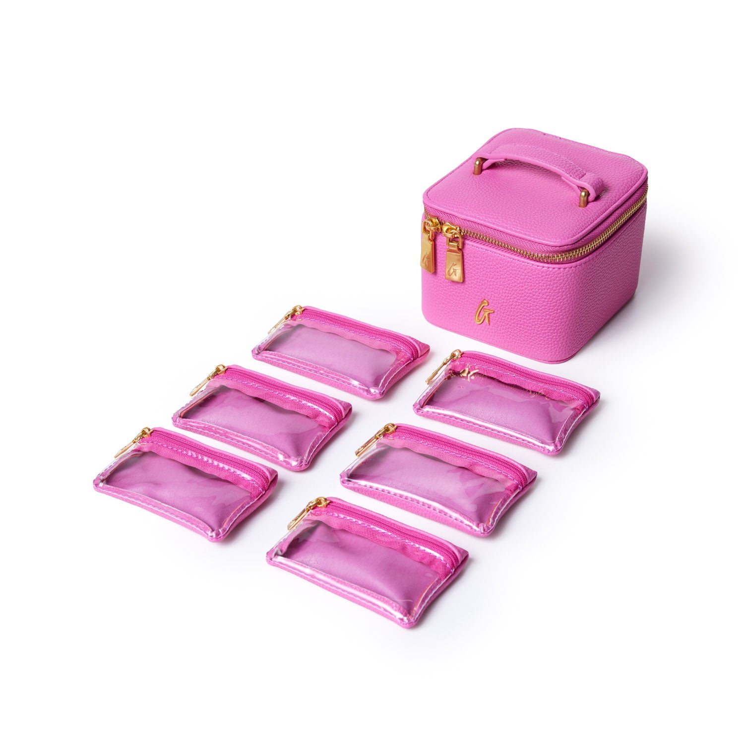 Hot pink pebble jewelry case with a handle, gold zipper, and six matching transparent zippered pouches for organizing jewelry.