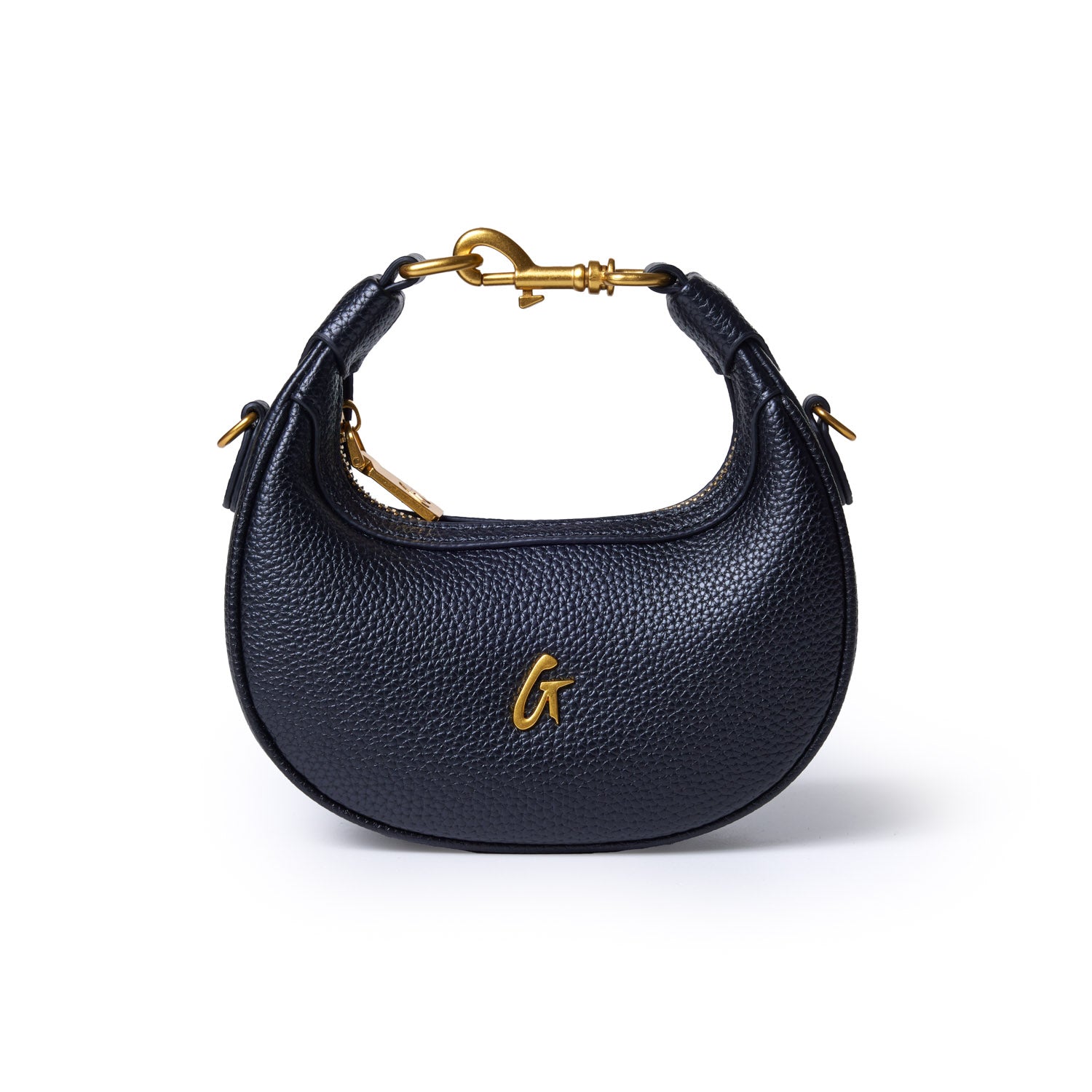 Black Nano Pebble Hobo Bag with gold hardware, a curved shape, and a small gold "G" logo on the front.