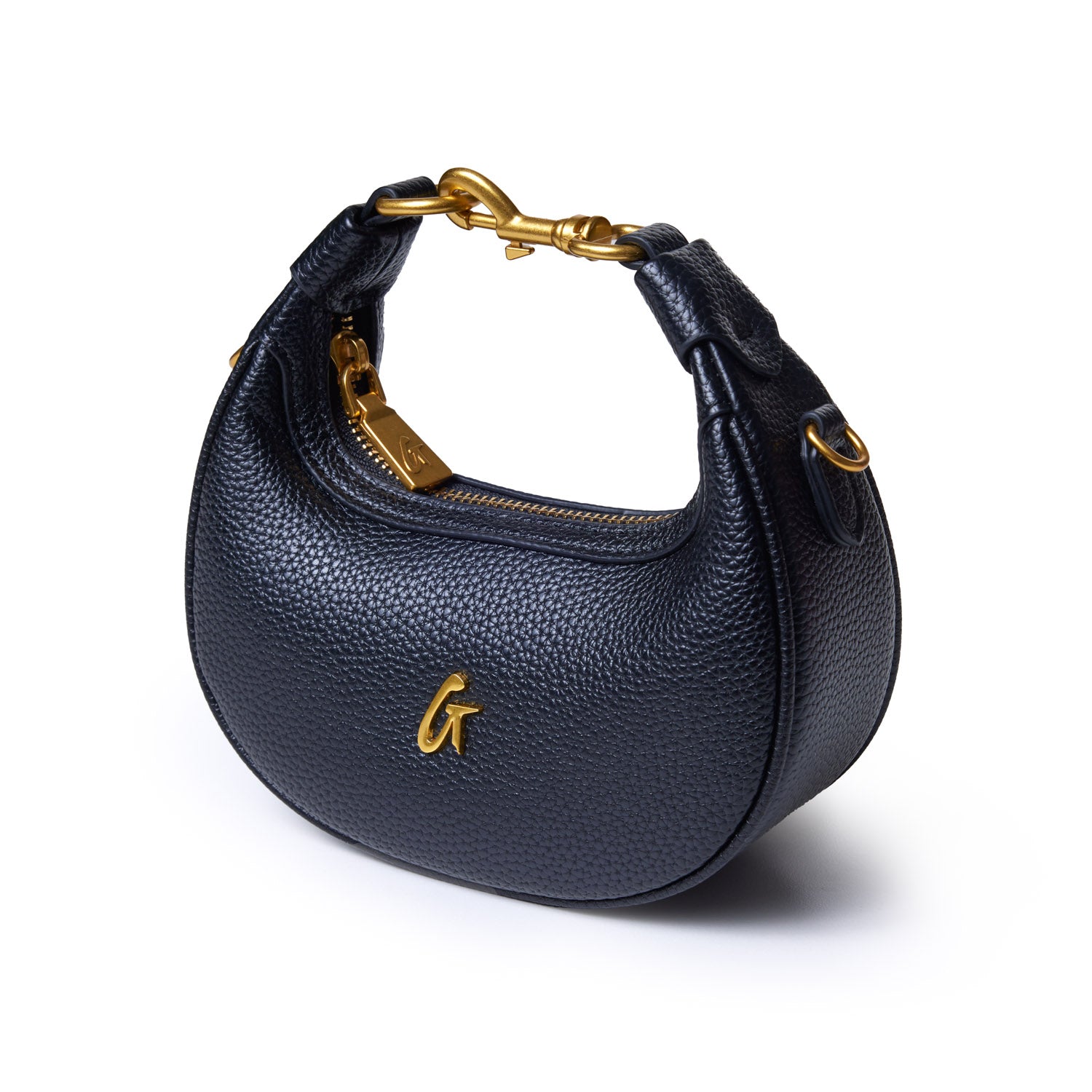 Black Nano Pebble Hobo Bag with gold hardware, zipper closure, and a curved, textured leather design.