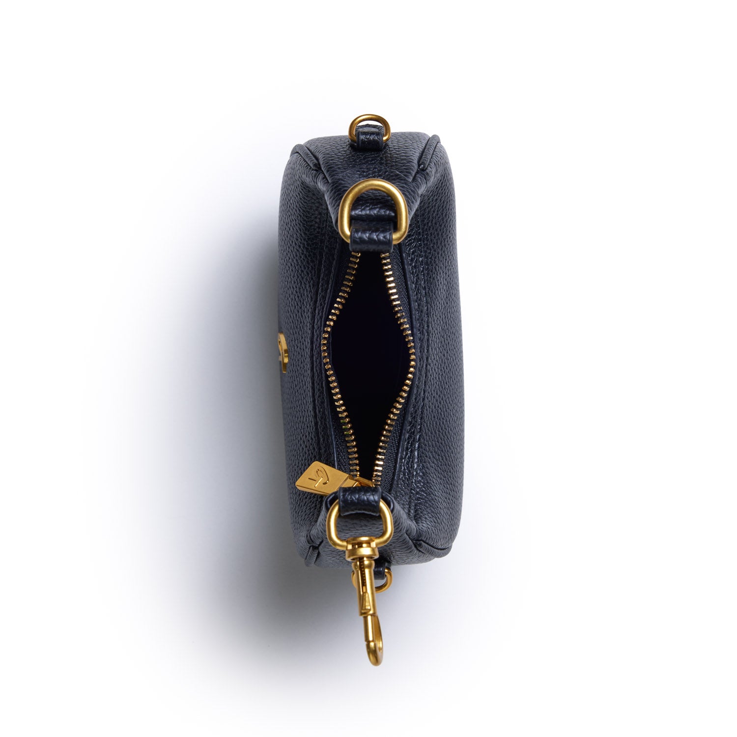 Black Nano Pebble Hobo Bag with gold hardware, zipper closure, and a detachable strap, viewed from above on a white background.