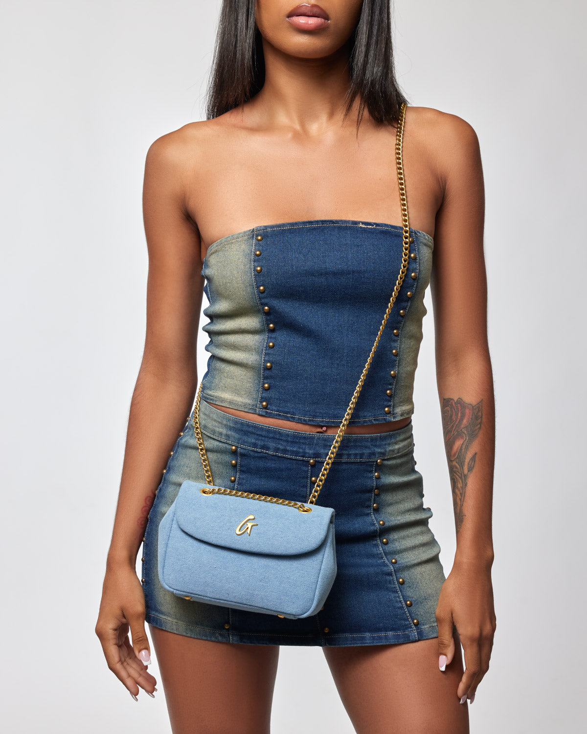 DENIM MINI CLASSIC FLAP BAG-GOLD