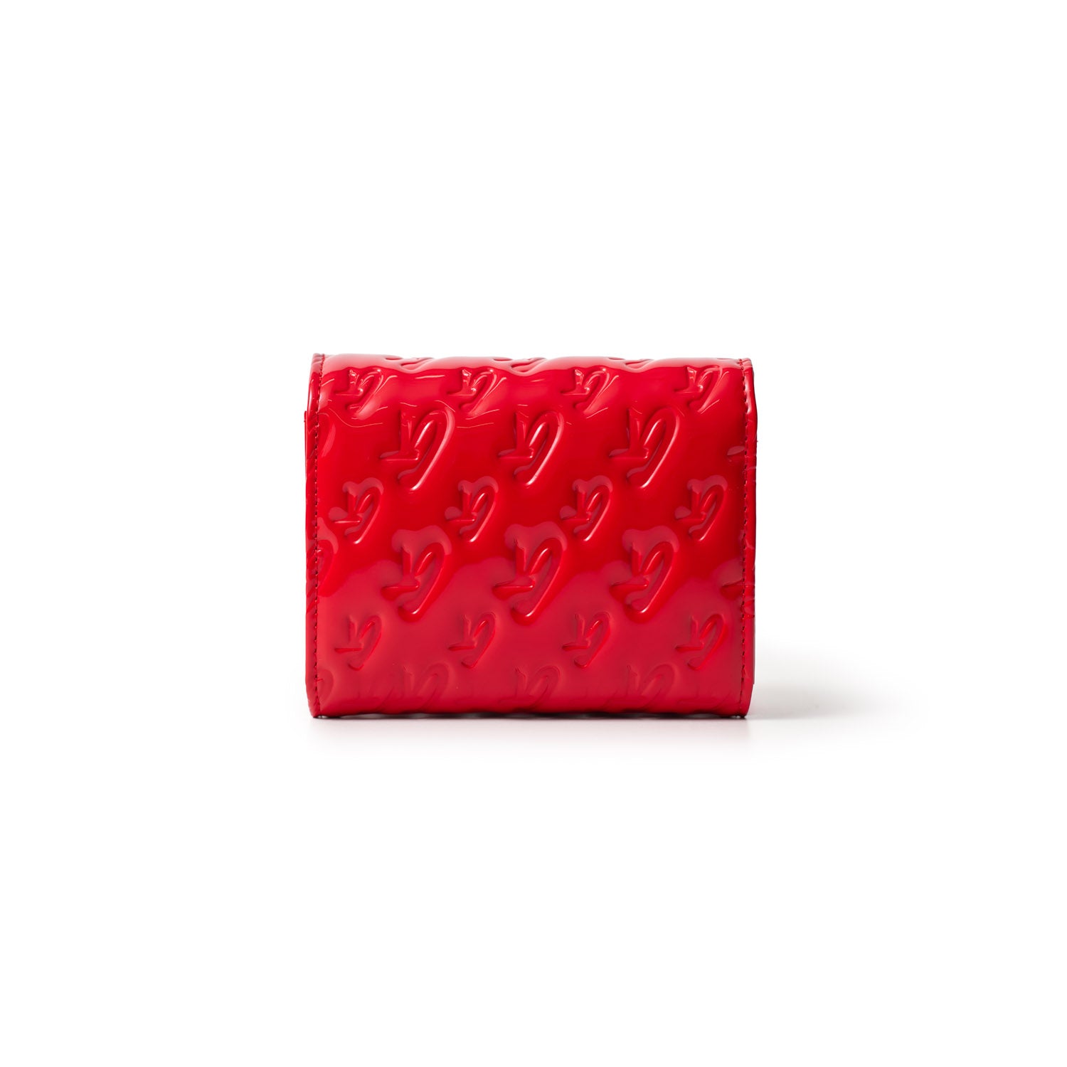 Red Monogram Gold Compact WOC mirror wallet with embossed logo pattern, glossy finish, and compact design.