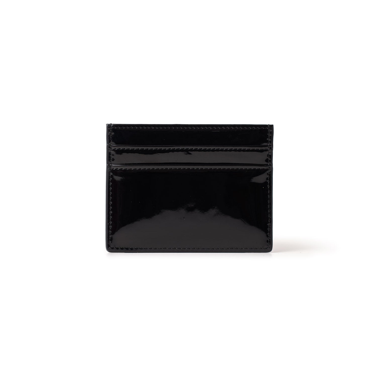 Black mirror finish card holder with silver accents, featuring multiple card slots and a sleek, reflective surface.