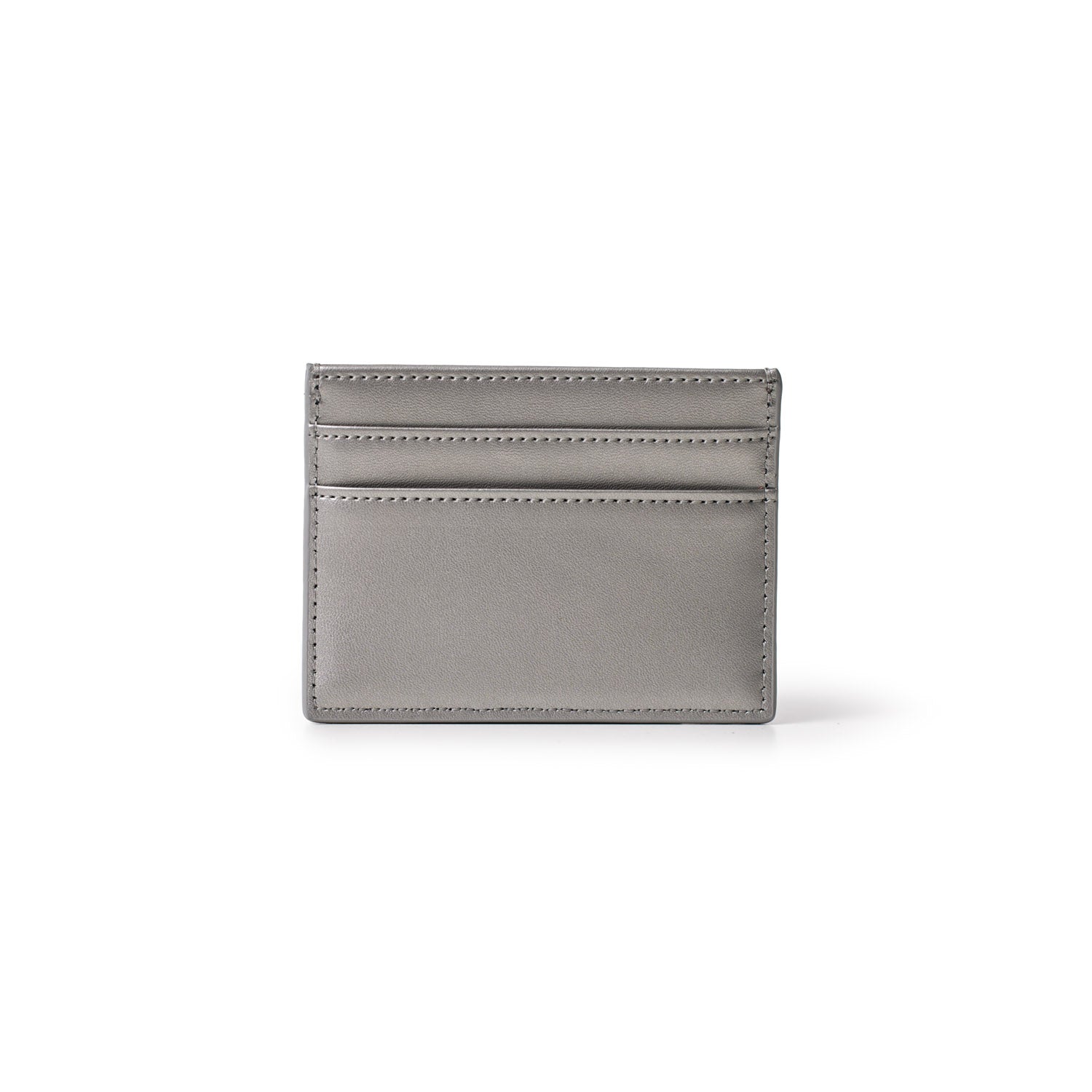 Gunmetal-colored platinum card holder with three card slots and a sleek, minimalist design.