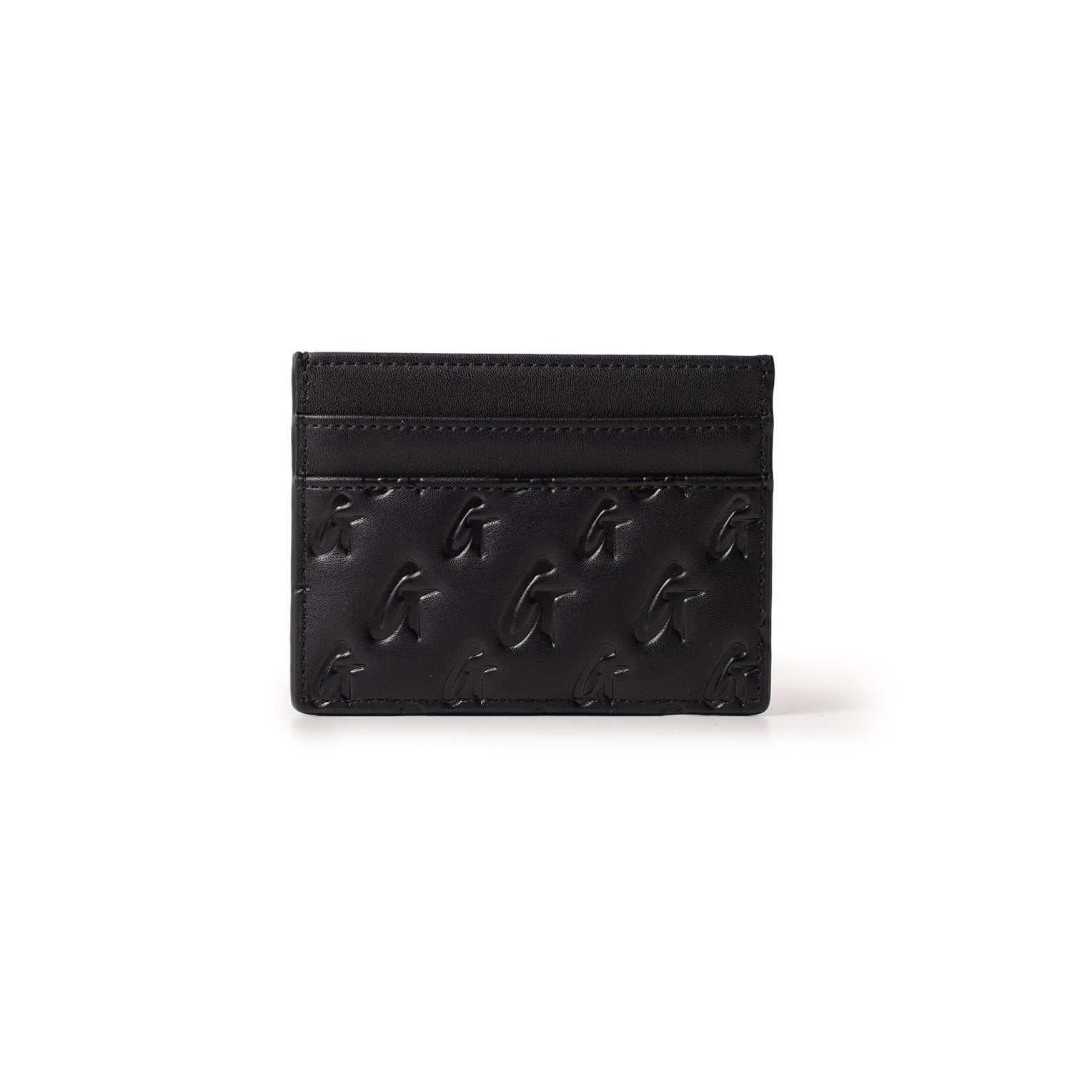 Black Monogram Gunmetal card holder with embossed G logo pattern and multiple card slots.