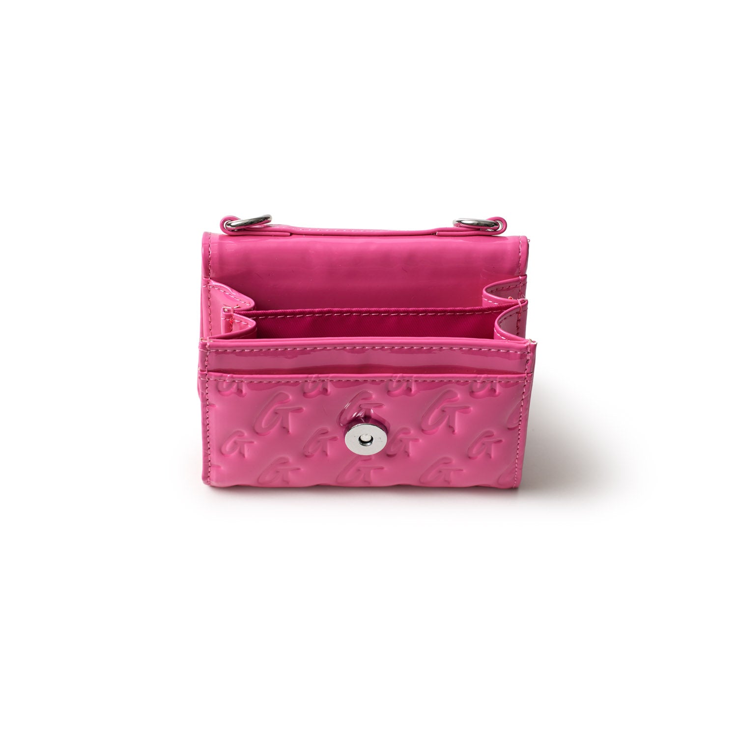 Pink Monogram Silver Compact WOC mirror case with embossed logo pattern and a snap button closure.