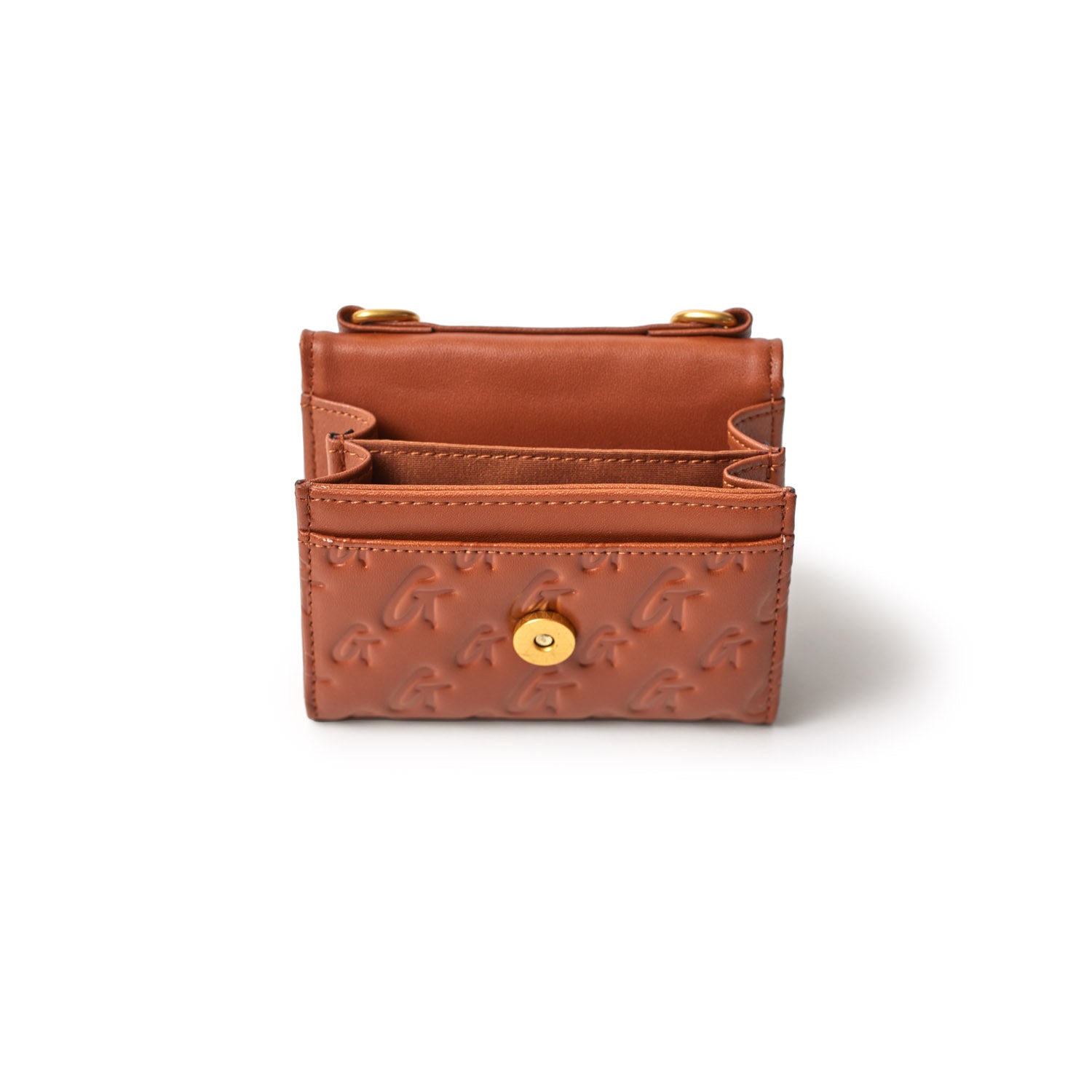 Brown Monogram Gold Compact Wallet on Chain (WOC) with embossed logo pattern and gold-tone clasp.