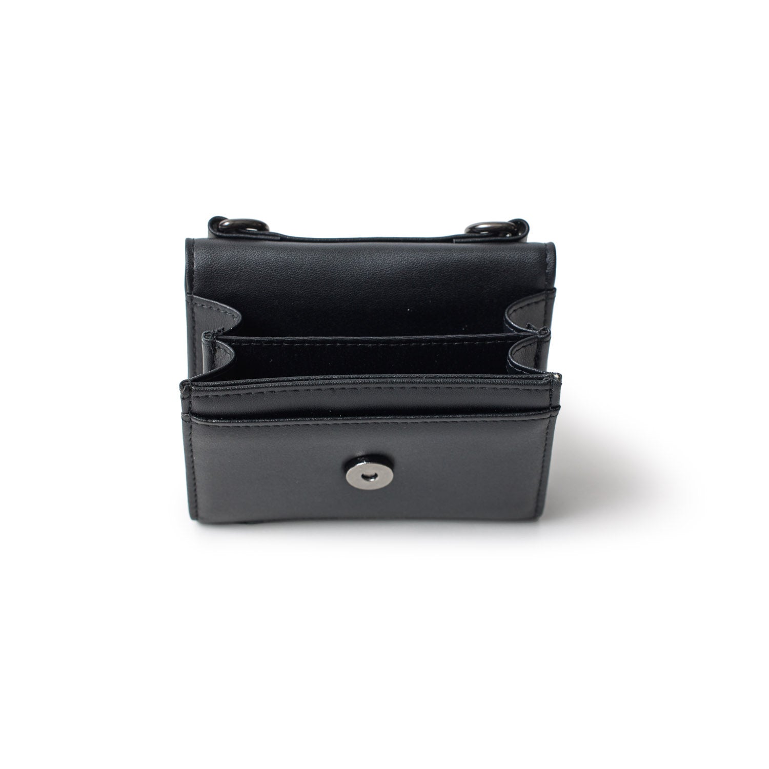 Black gunmetal compact wallet with multiple card slots and a snap button closure, designed for everyday carry.